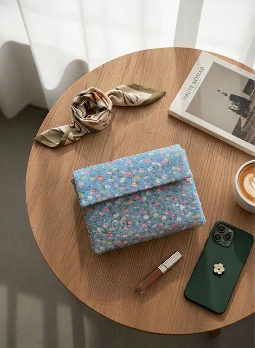 Azure Blossom Envelope – Hand-Embroidered Sky Floral Clutch