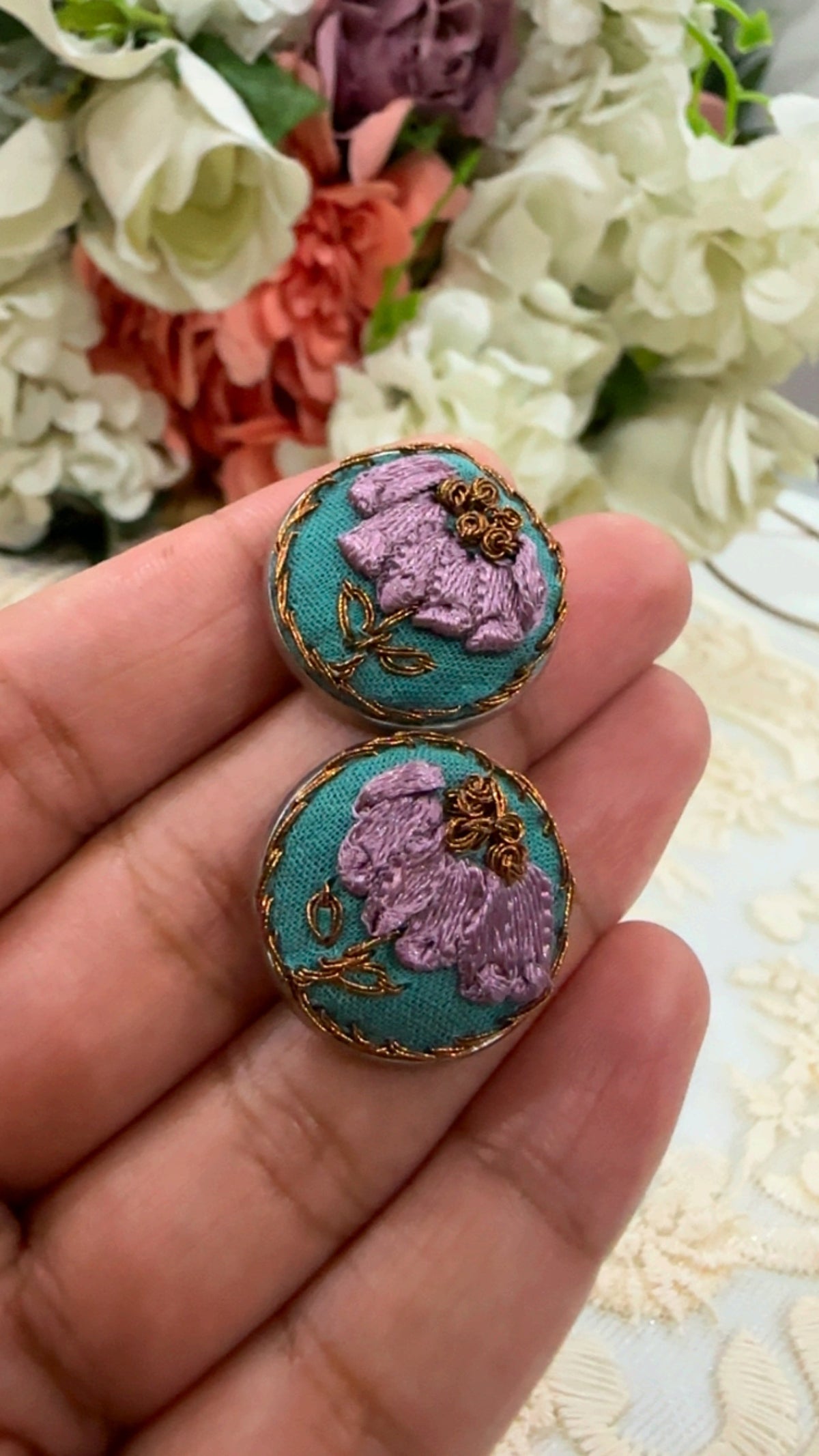 Teal Blossom Grace Ribbon-Work Floral Statement Earrings