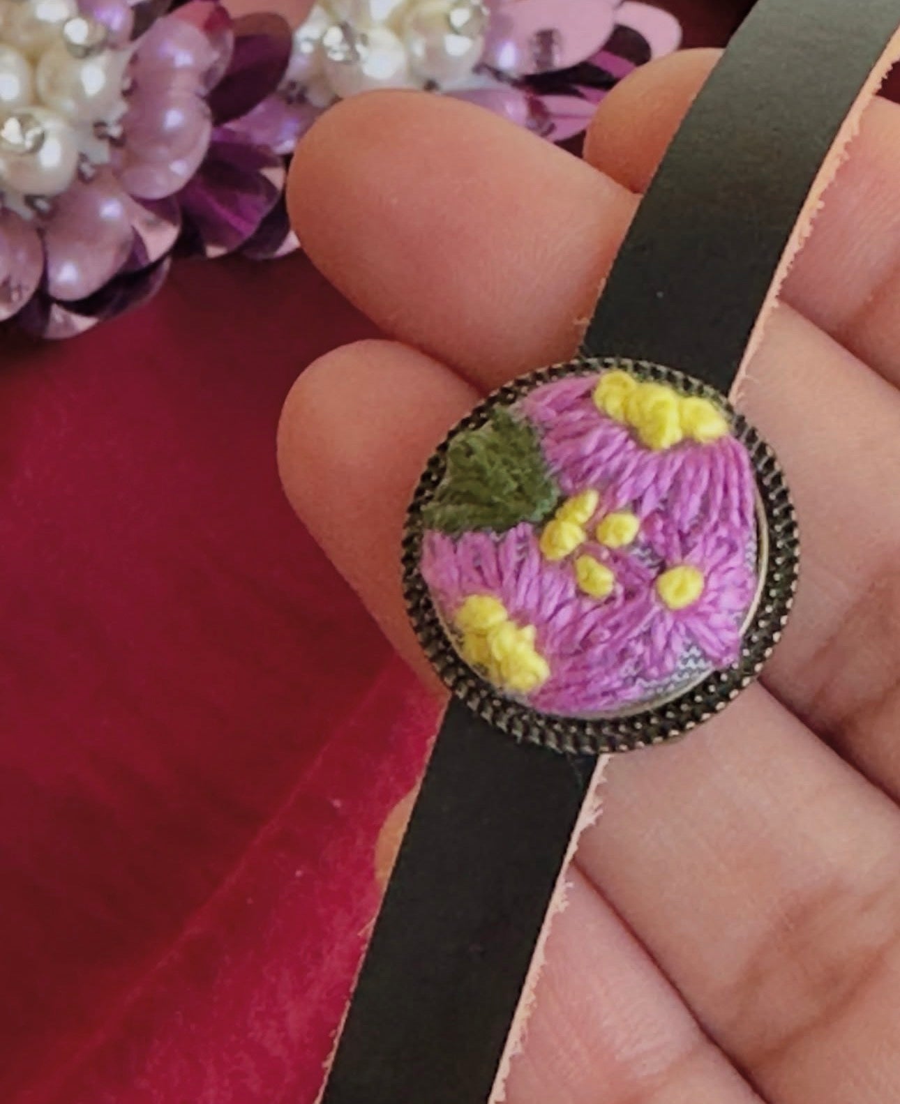 Handmade Floral Embroidery Leather Bracelet - Purple Bloom