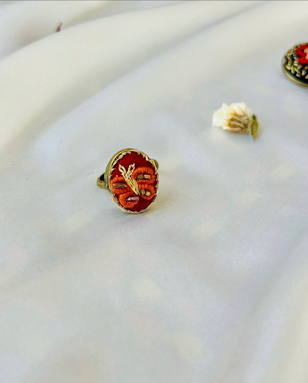 Hand-Embroidered Rust & Gold Beaded Vintage Statement Ring