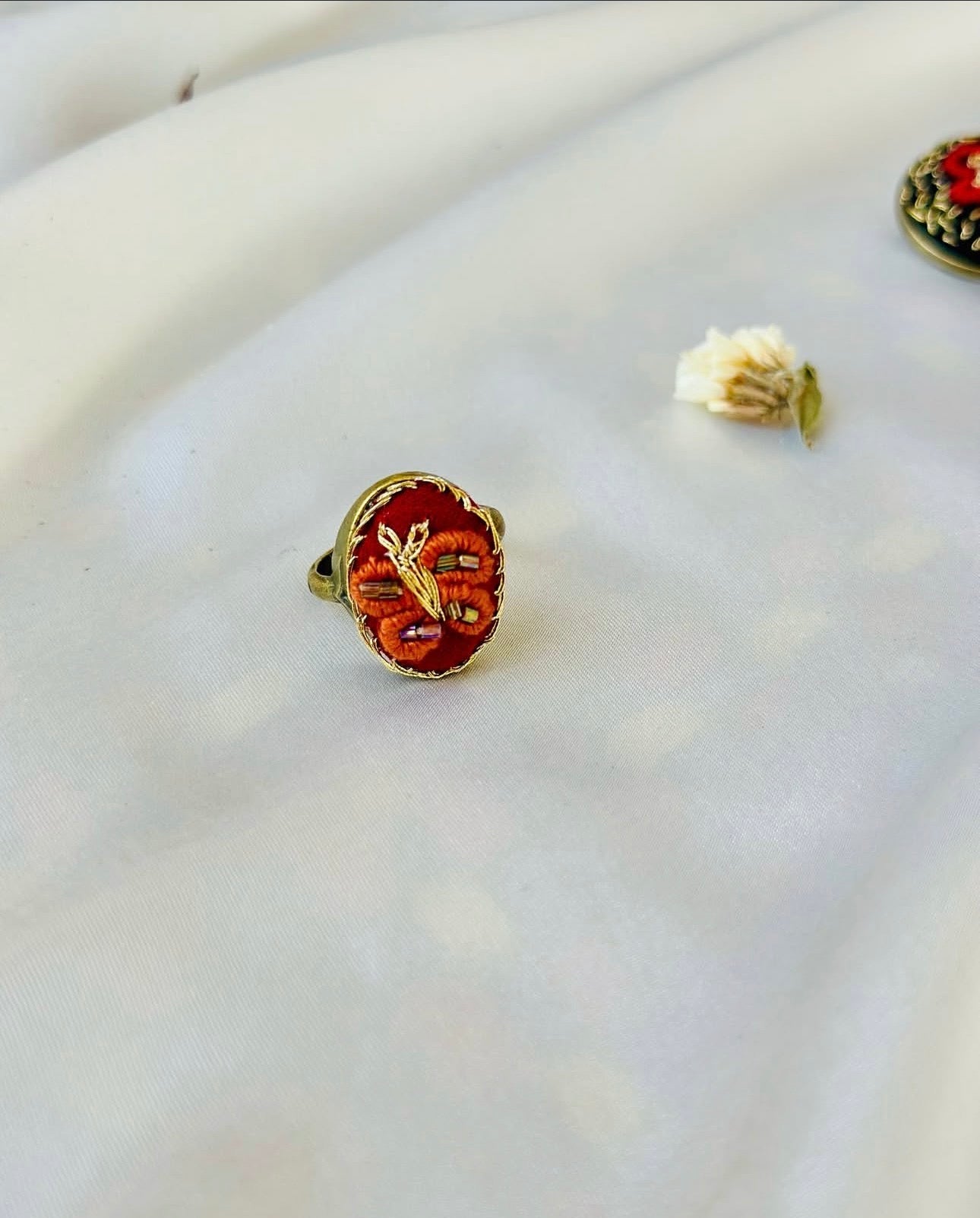 Hand-Embroidered Rust & Gold Beaded Vintage Statement Ring