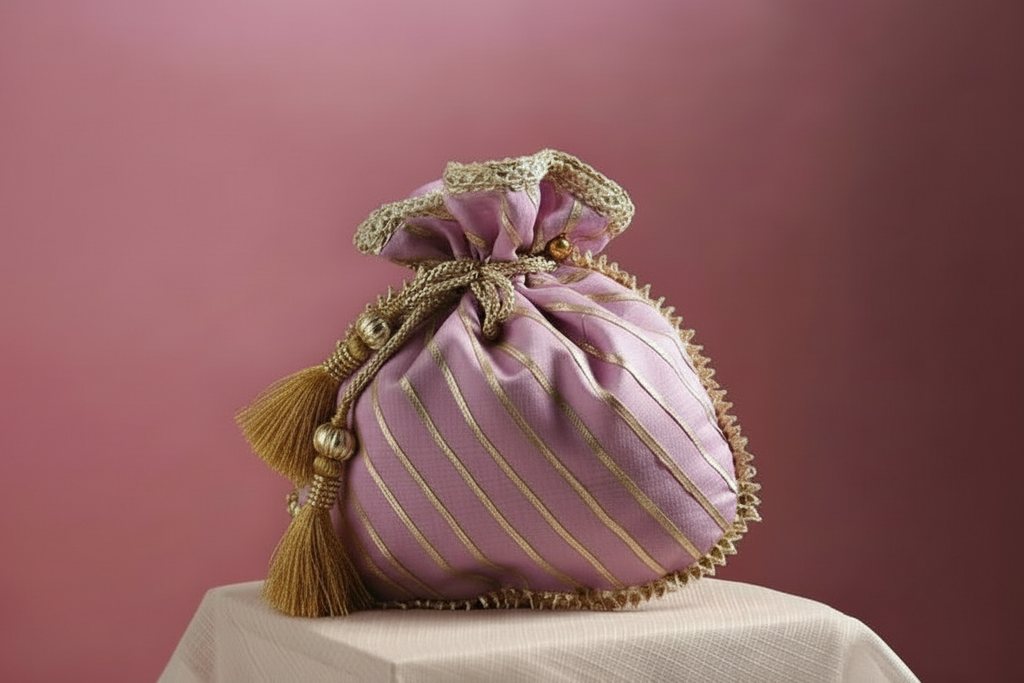 Jabeen: Elegant Lilac & Gold Striped Silk Potli Bag