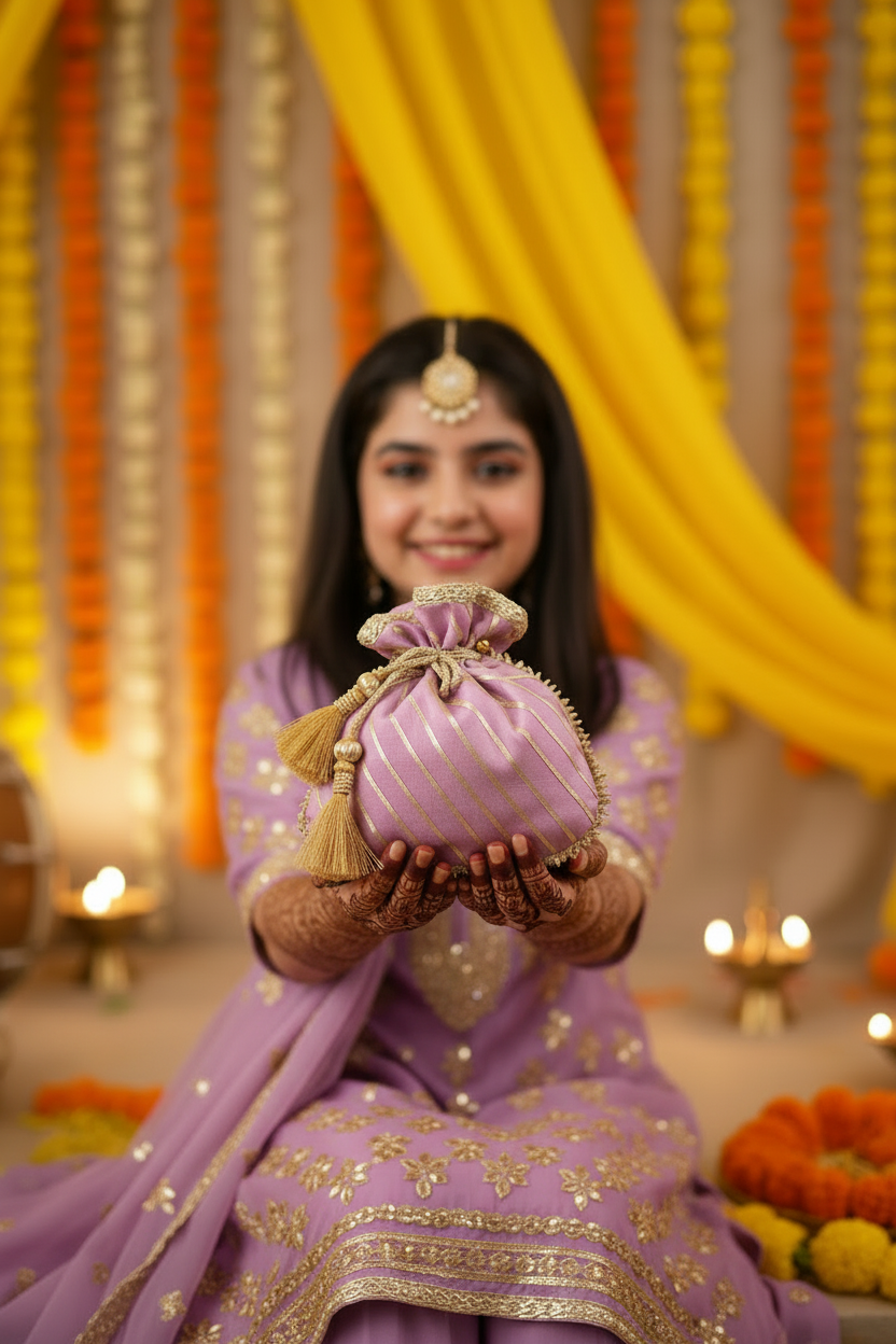 Jabeen: Elegant Lilac & Gold Striped Silk Potli Bag