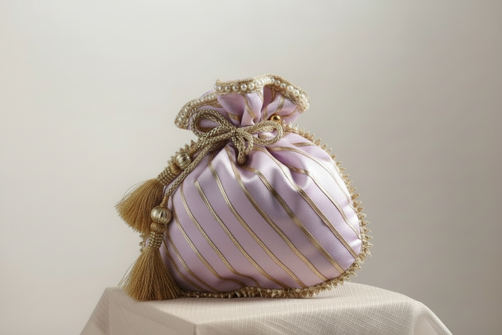 Jabeen: Elegant Lilac & Gold Striped Silk Potli Bag