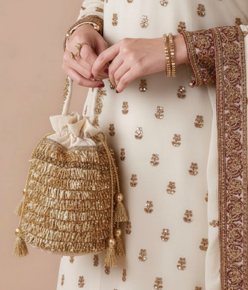 Sunehri: Golden Silk Potli Bag with Traditional Gota Work