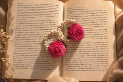 Pink Rose & Pearl Strand Crochet Bracelet