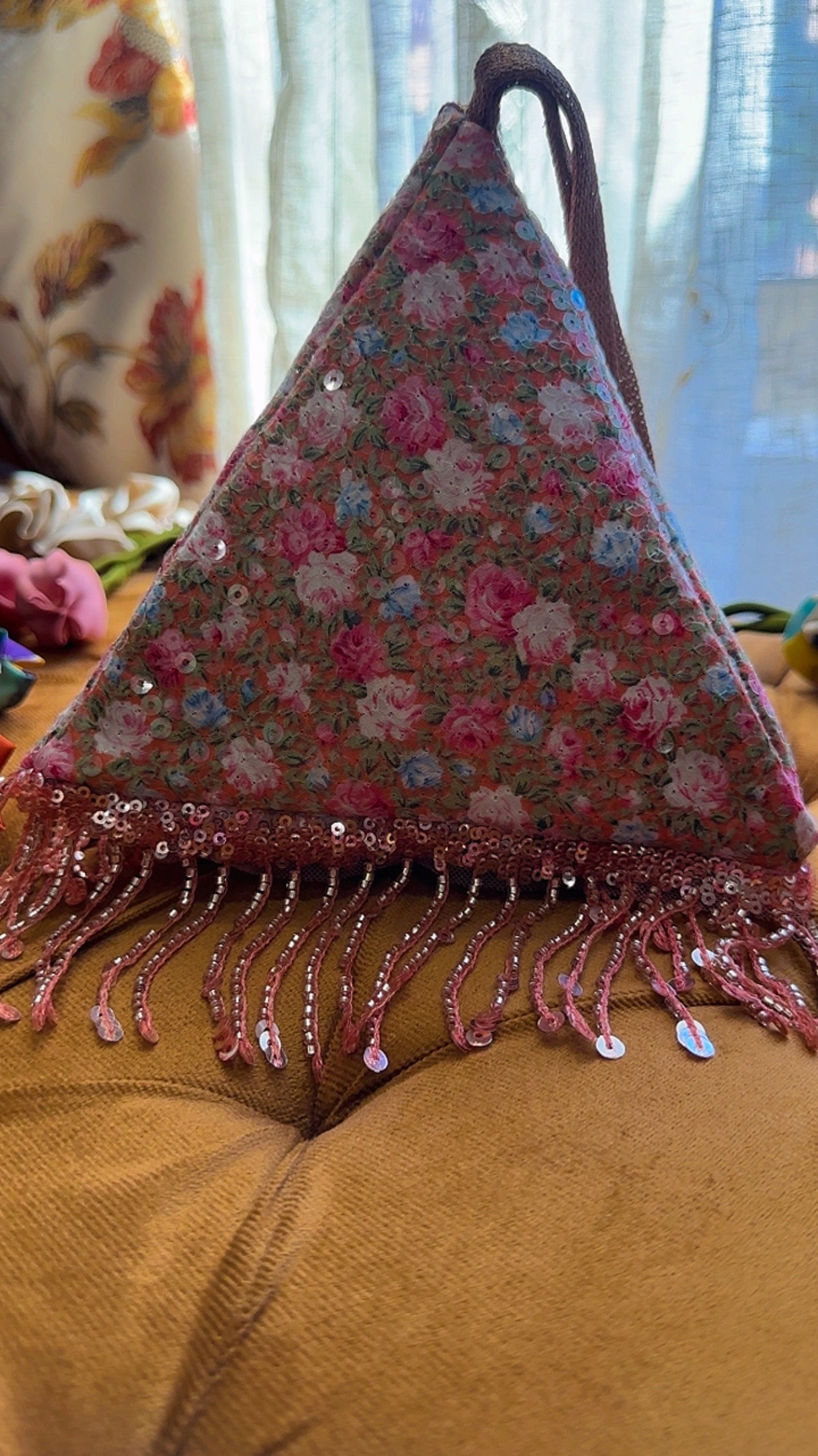 Peach Peony: Handmade Triangle Floral Bag with Beaded Fringe