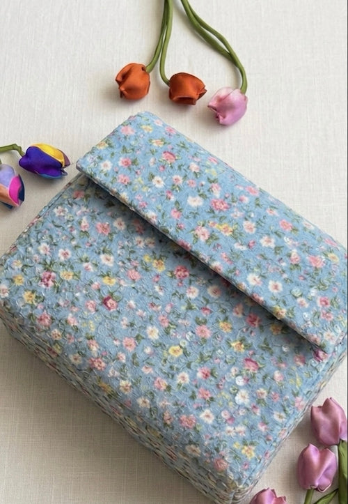 Azure Blossom Envelope – Hand-Embroidered Sky Floral Clutch