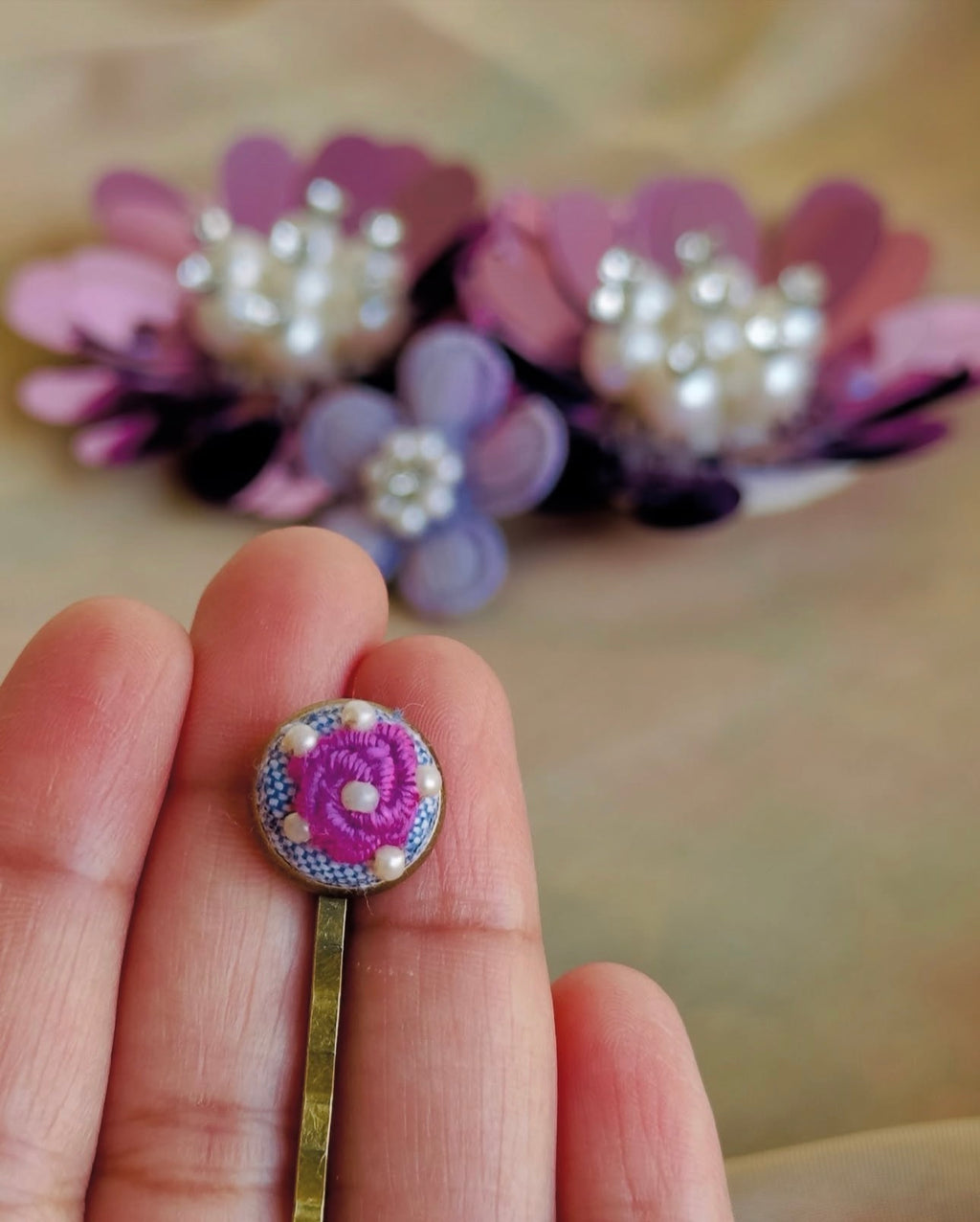 Hand-Embroidered Lilac Rose Hair Pin – Vintage Brass Slide