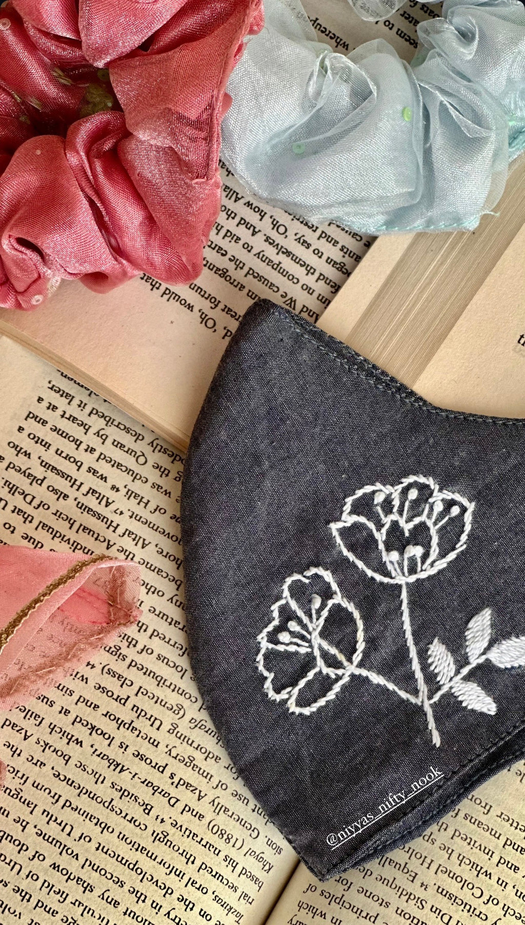 Hand-Embroidered Floral Face Mask - Custom Denim & Cotton