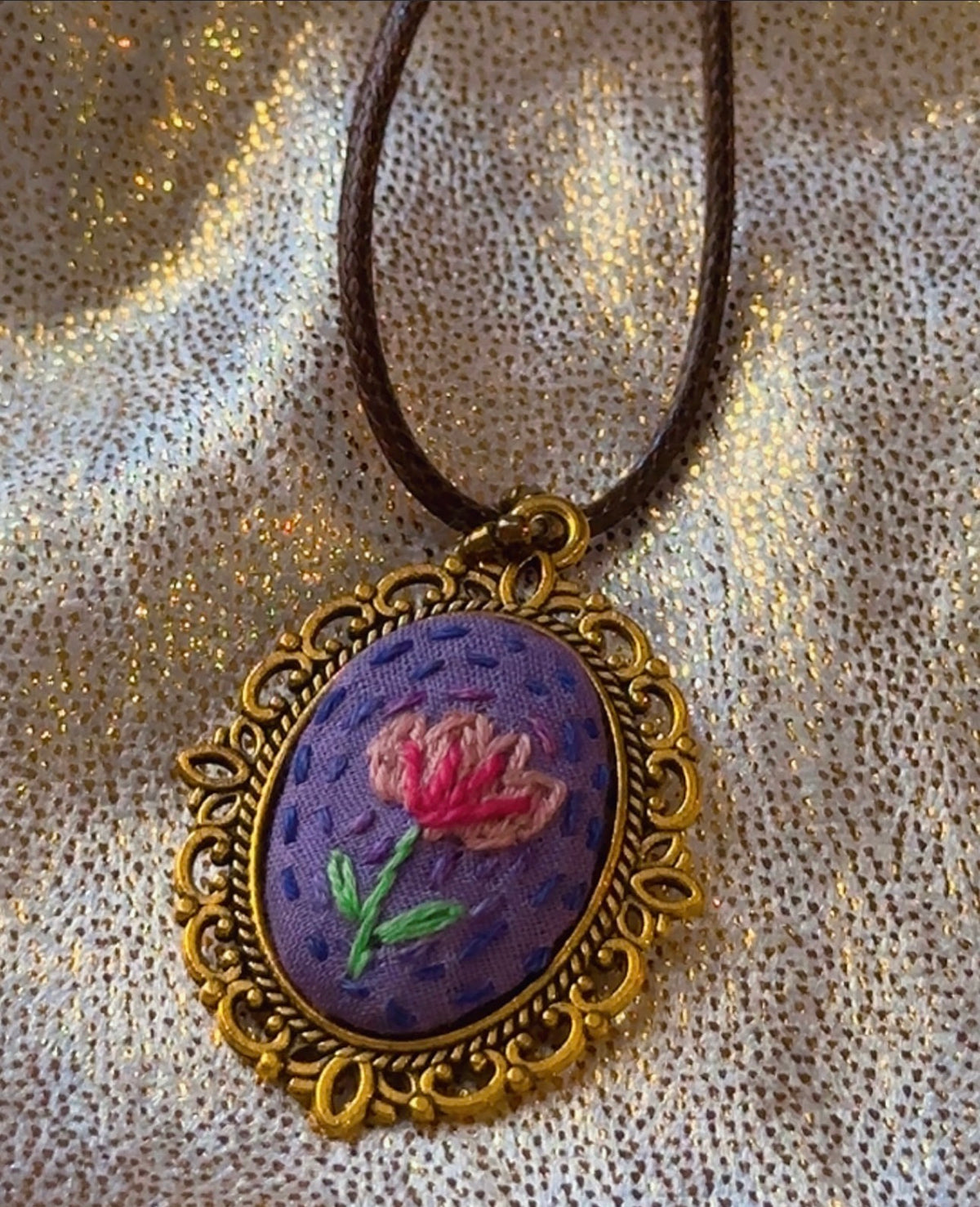 Lavender Meadow Vintage Pendant – Hand-Embroidered Floral Necklace