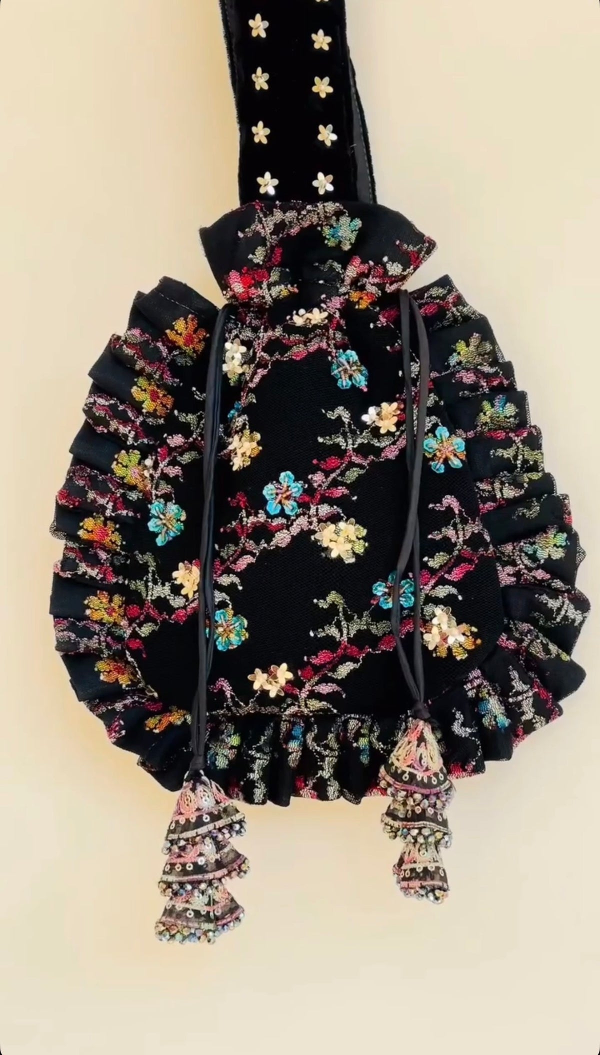 Midnight Bloom Hand-Embroidered Black Potli Bag | Bridal & Party Wear Wristlet