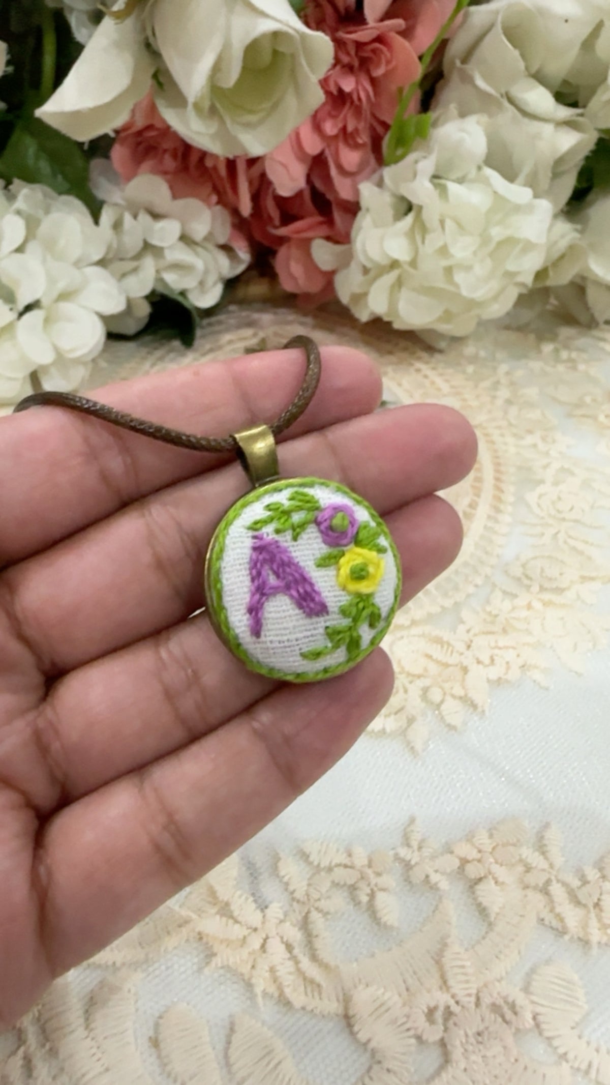 Botanical Monogram Custom Hand-Embroidered Initial Pendant Necklace