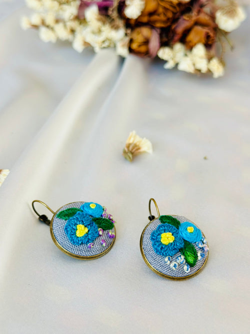 Blue Floral Hand-Embroidered Drop Earrings | Artisan Jewelry