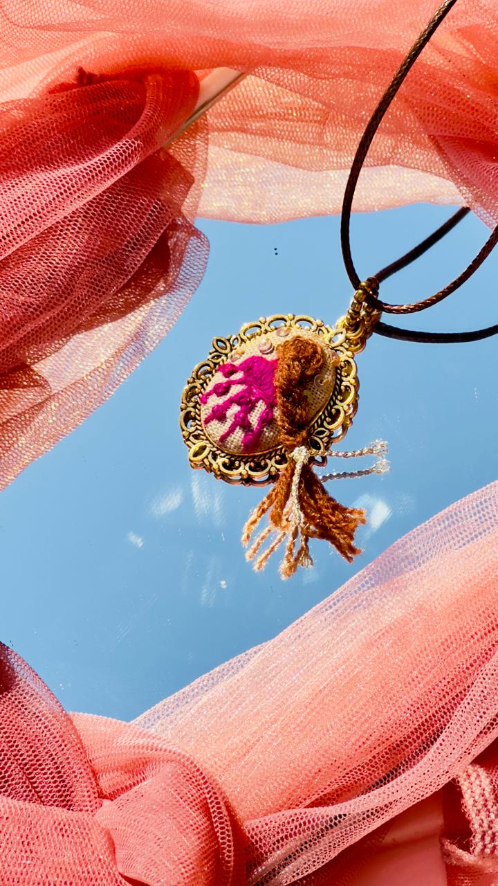 Hand Embroidered Floral Pendant Desi Repanzul- Boho Artisan Gold Filigree Necklace