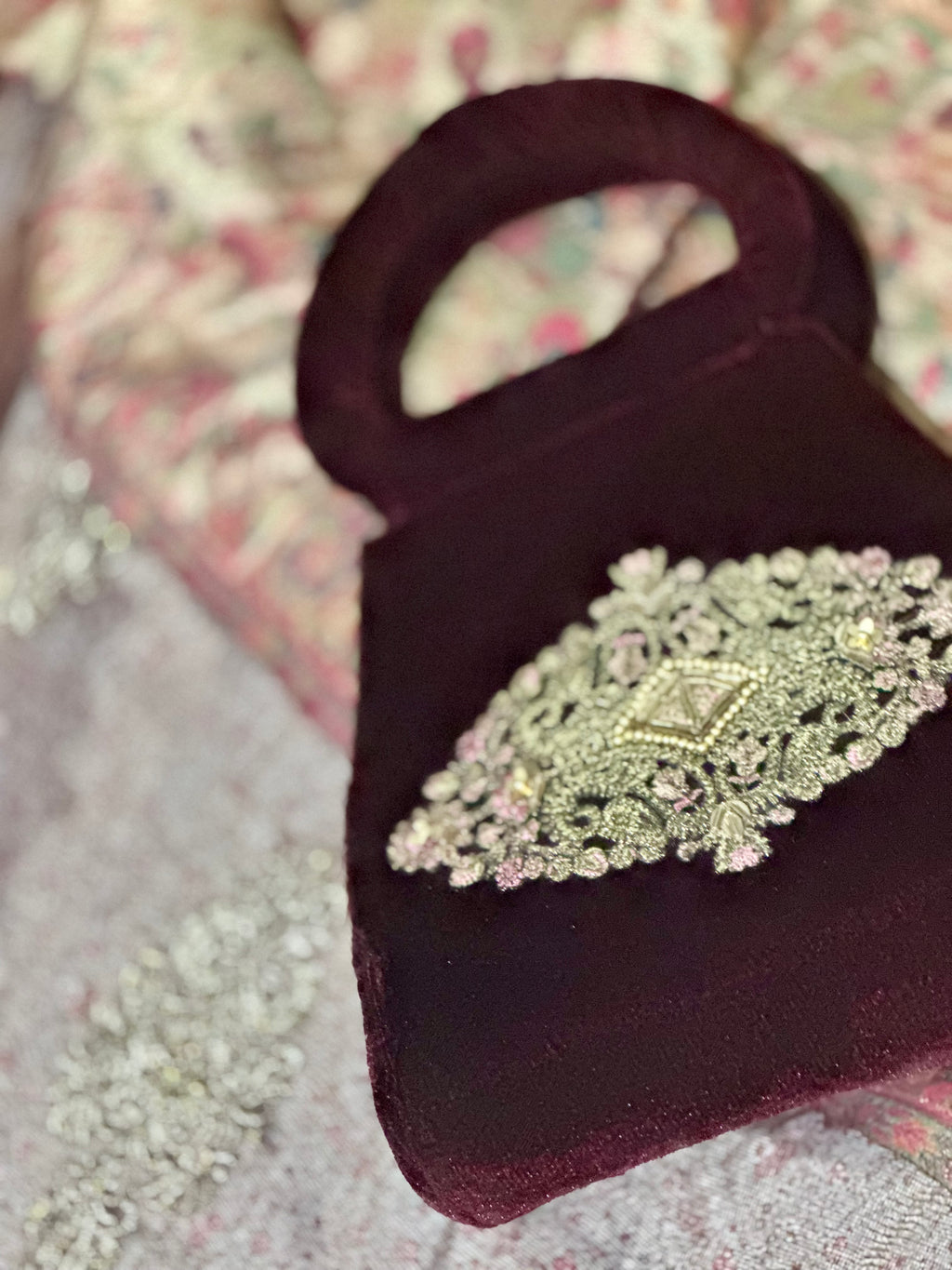 Bakht: Handmade Burgundy Velvet Embroidered Wedding Bag