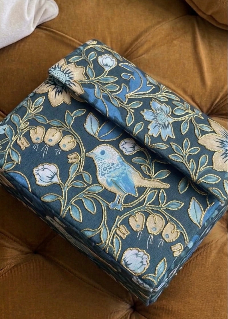 Vintage Blue Bird Print Clutch with Hand-Embroidered Golden Outline