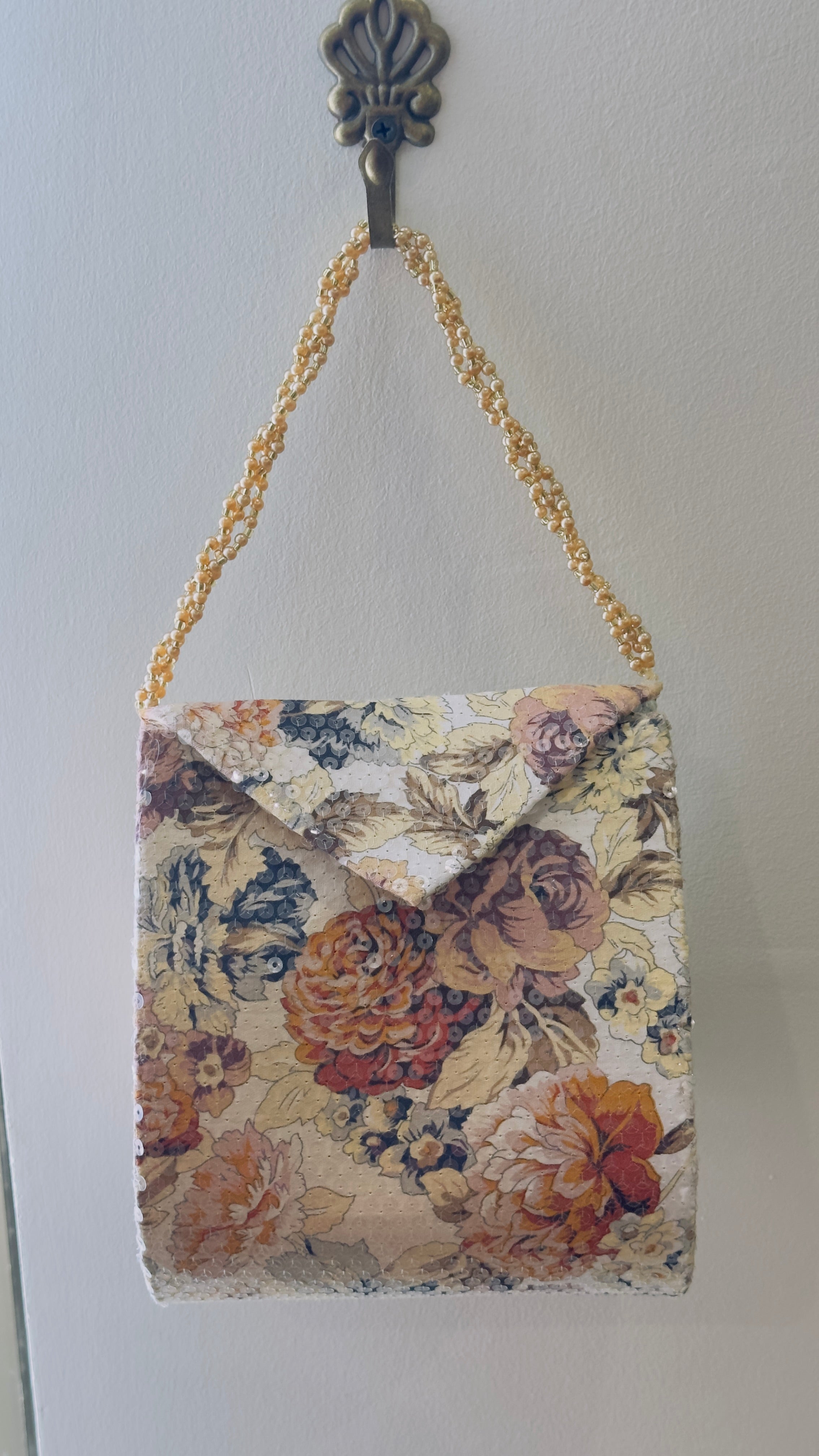 Golden Harvest: Vintage Floral Sequin Bag with Beaded Handle