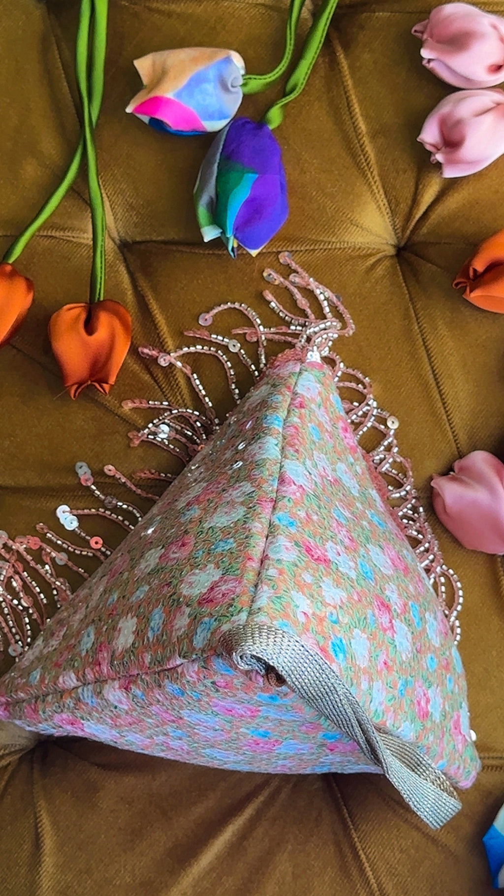 Peach Peony: Handmade Triangle Floral Bag with Beaded Fringe