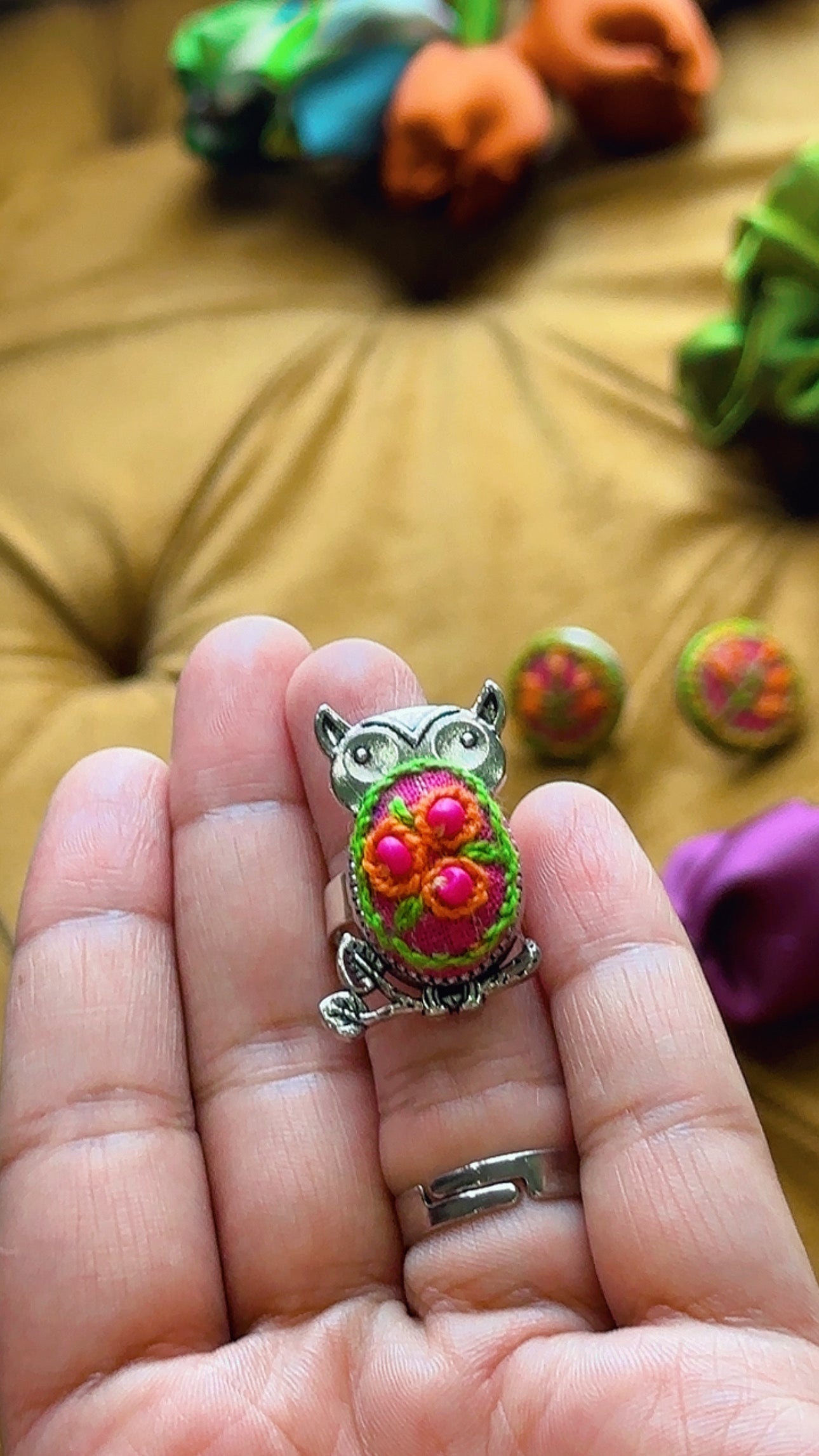 Whimsical "Hoot" Hand-Embroidered Owl Ring