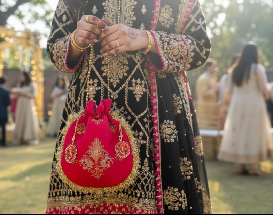 Rukhsaar: Hot Pink Silk Potli - Gold Motifs & Fringes