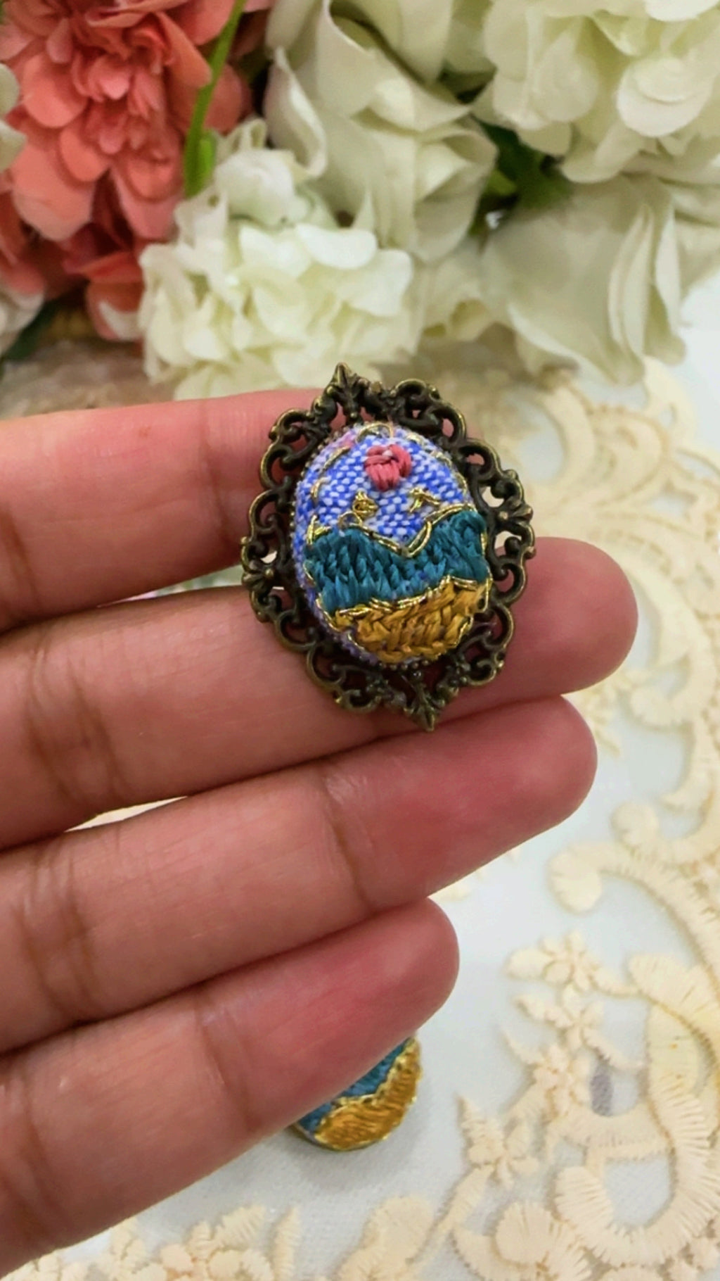 Golden Meadow Day Hand-Embroidered Landscape Statement Ring