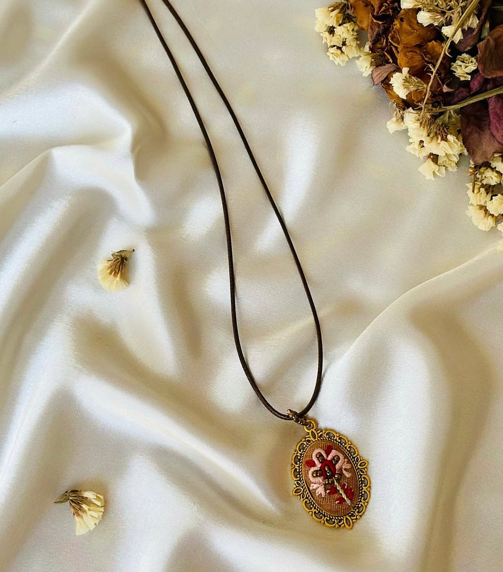 Ruby Elfin Whimsical Hand-Embroidered Floral Pendant