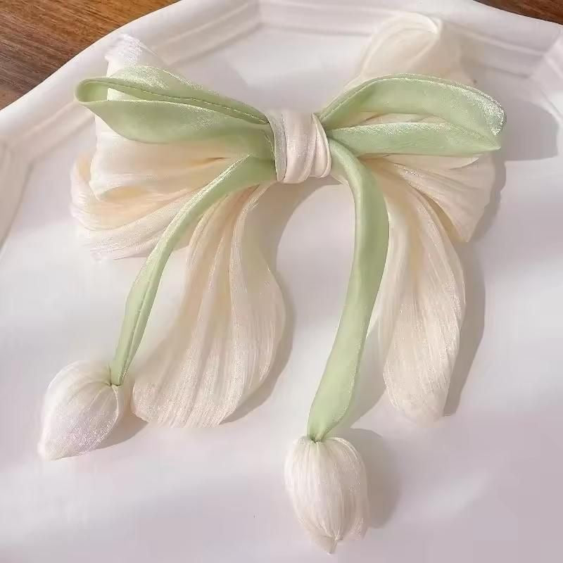 Handmade Ivory Tulip Bow Clip - Pearl White Floral Hairpin