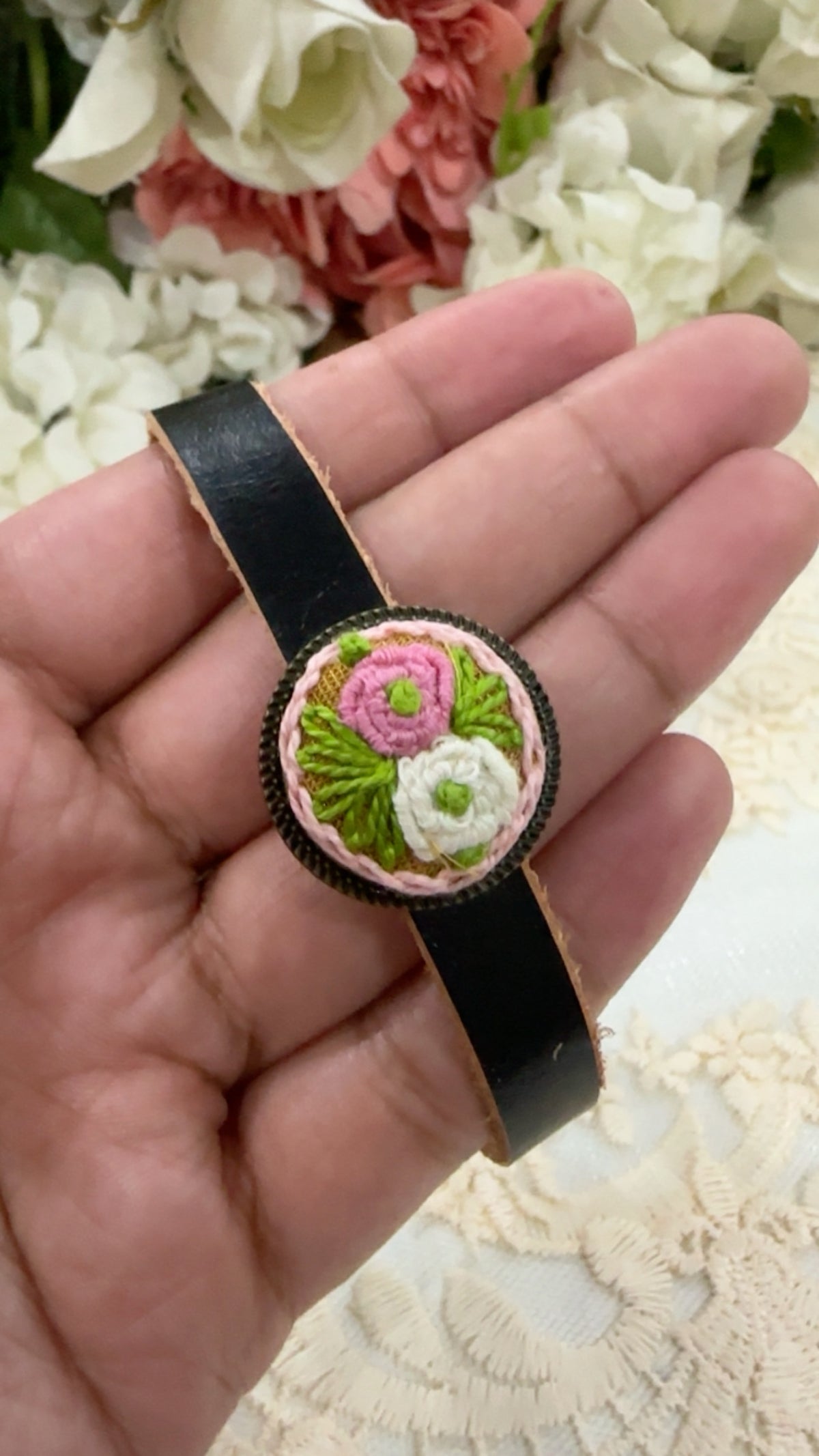 Gul-e-Mehru Hand-Embroidered Leather Bracelet | Rustic Romance Series