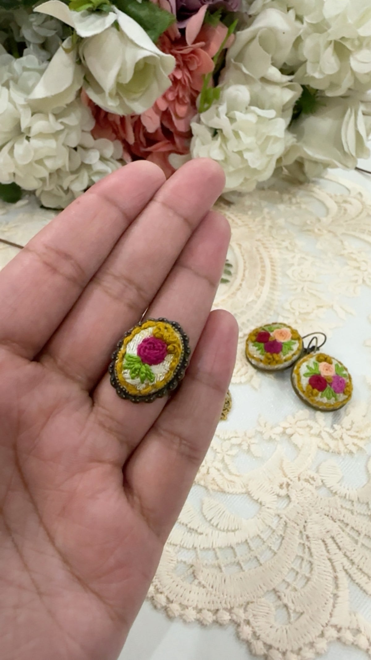 Vintage Rose Garden Hand-Embroidered Floral Statement Ring