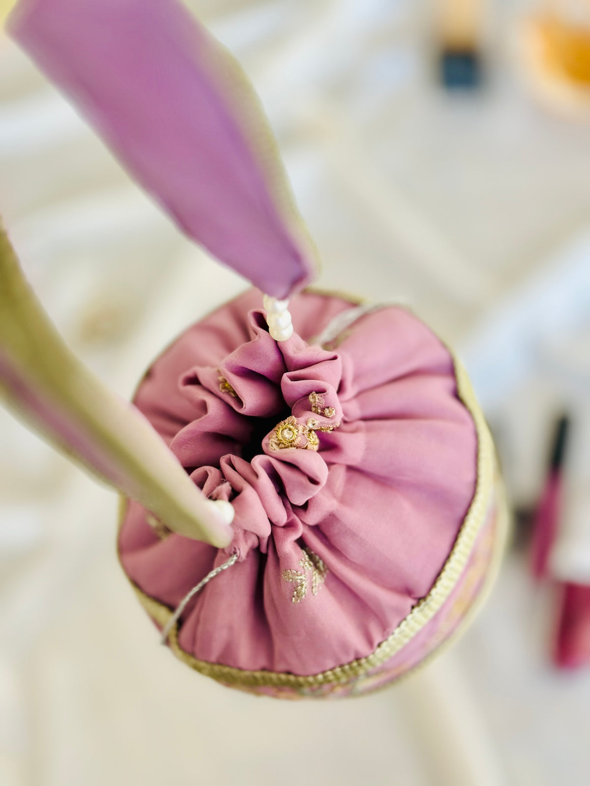 Summan Handcrafted Lilac Embroidered Potli Bag | Silk Bridal & Festive Clutch
