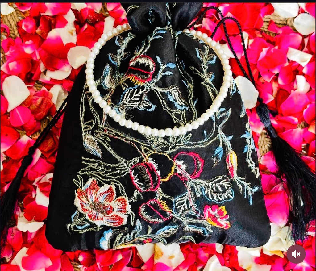 Zaiba: Black Organza Potli Bag with Floral Embroidery