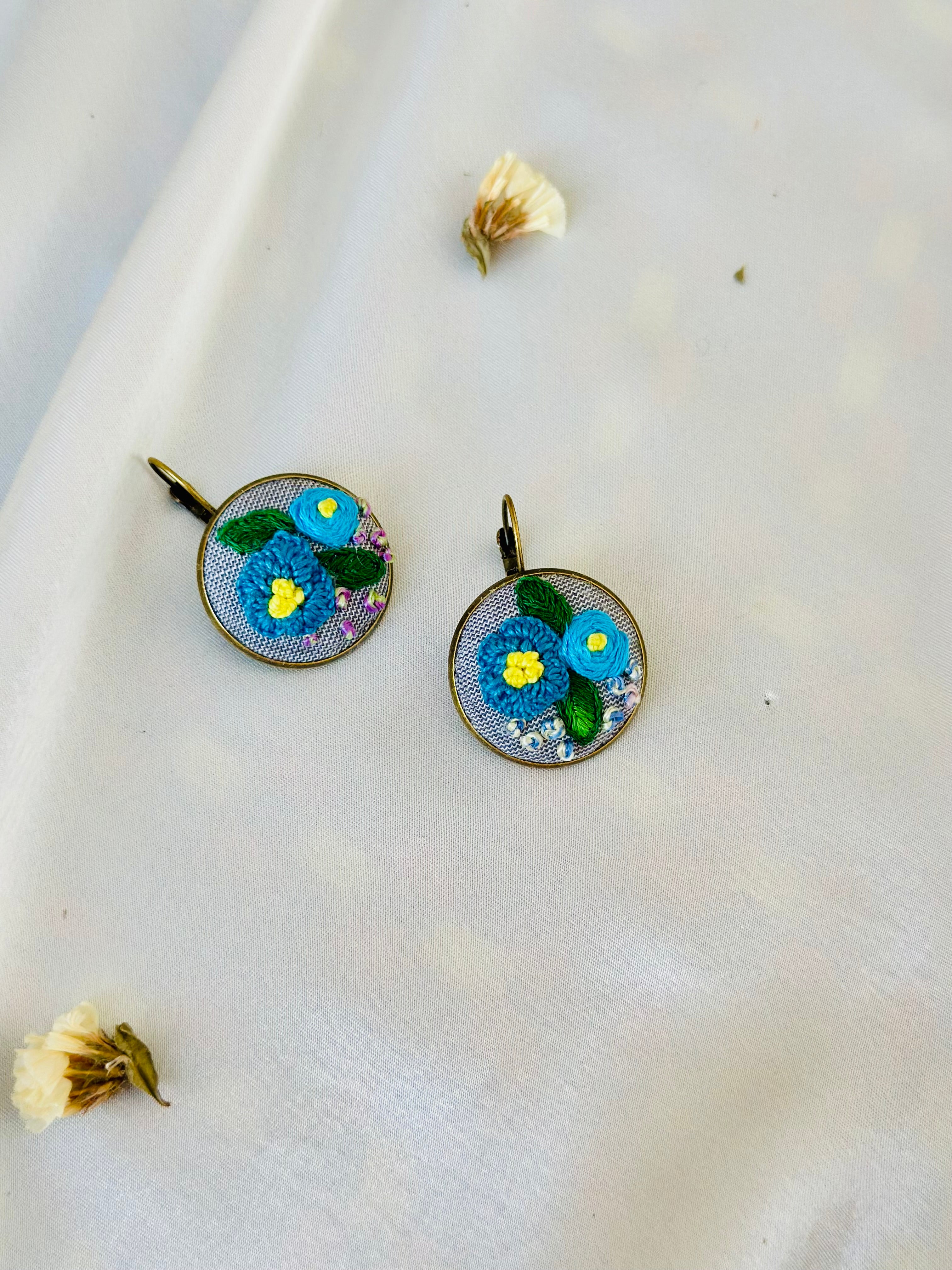 Blue Floral Hand-Embroidered Drop Earrings | Artisan Jewelry