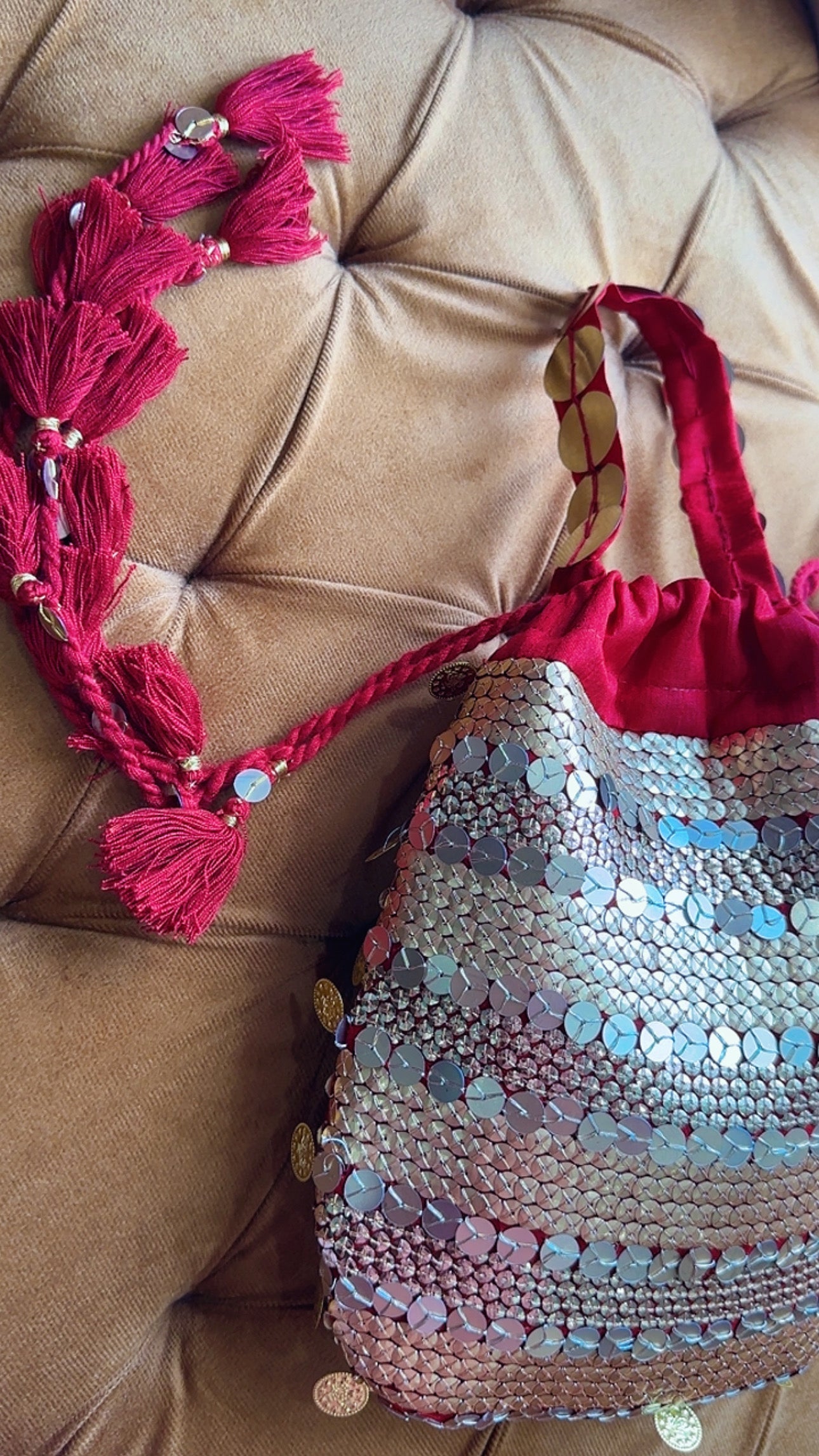 MehrMa Handcrafted Sequin Potli Bag – Whimsical Vintage Drawstring Bag with Coin Embellishments and Tassels