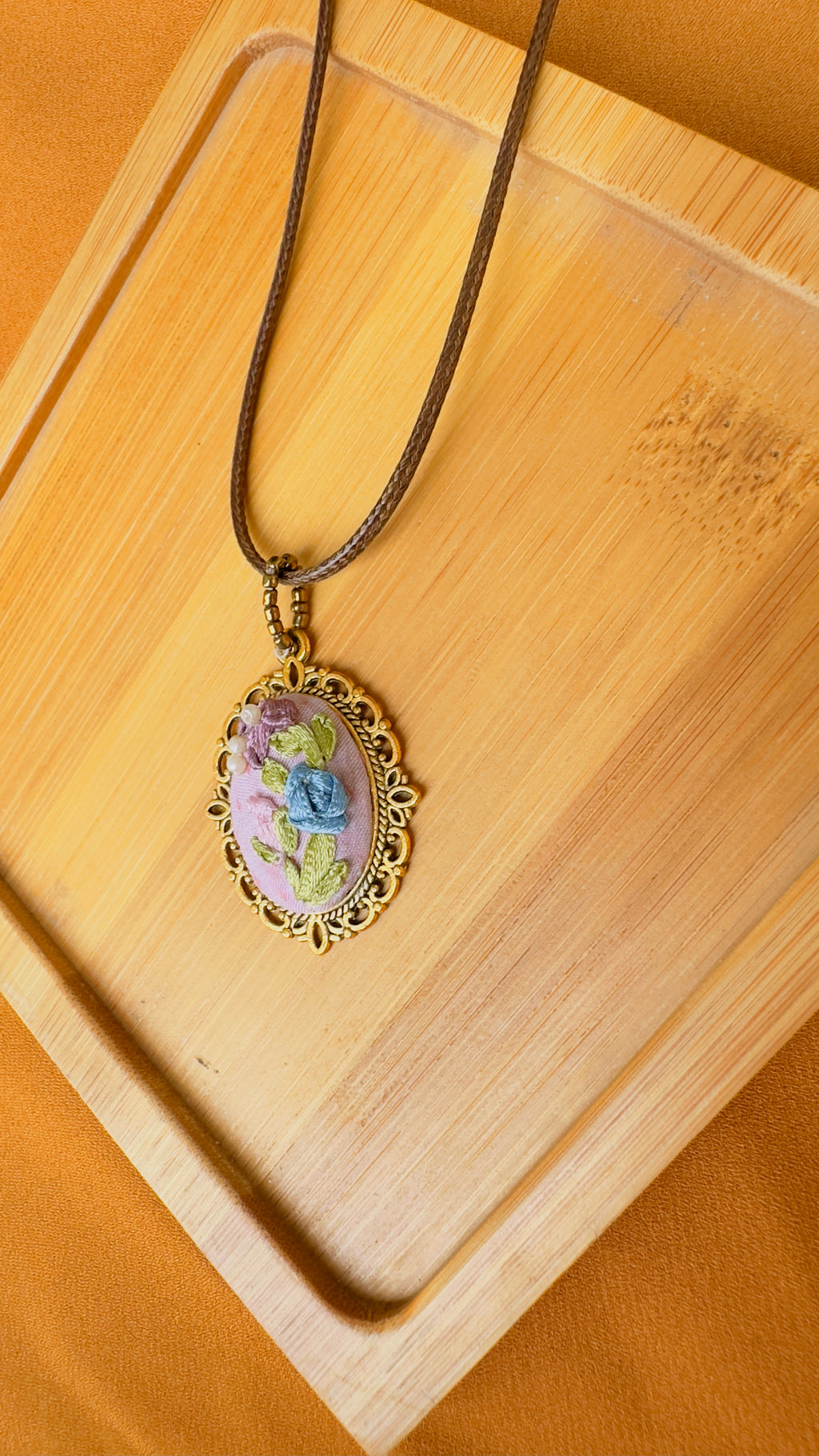 Pink & Lavender Hand-Embroidered Ribbon Work Pendant | Vintage Floral Charm