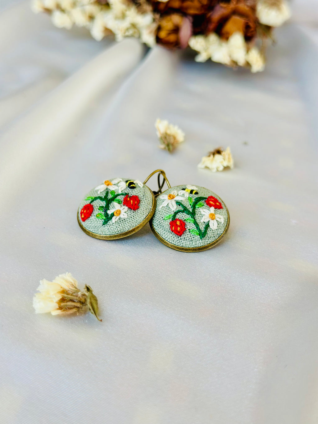 Strawberry & Bumblebee Hand-Embroidered Drop Earrings - Zeba