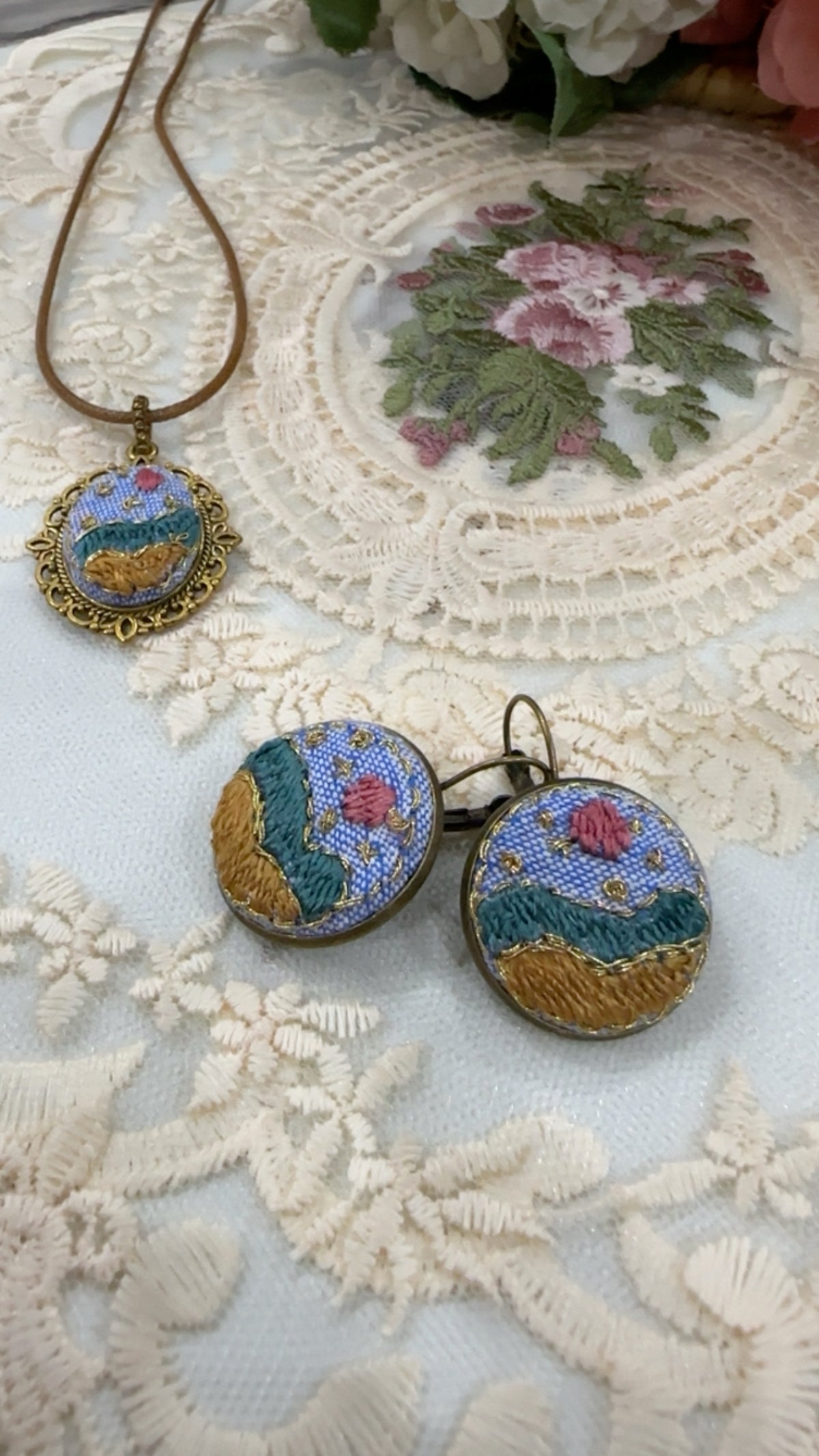 Golden Meadow Day Hand-Embroidered Landscape Statement Earrings