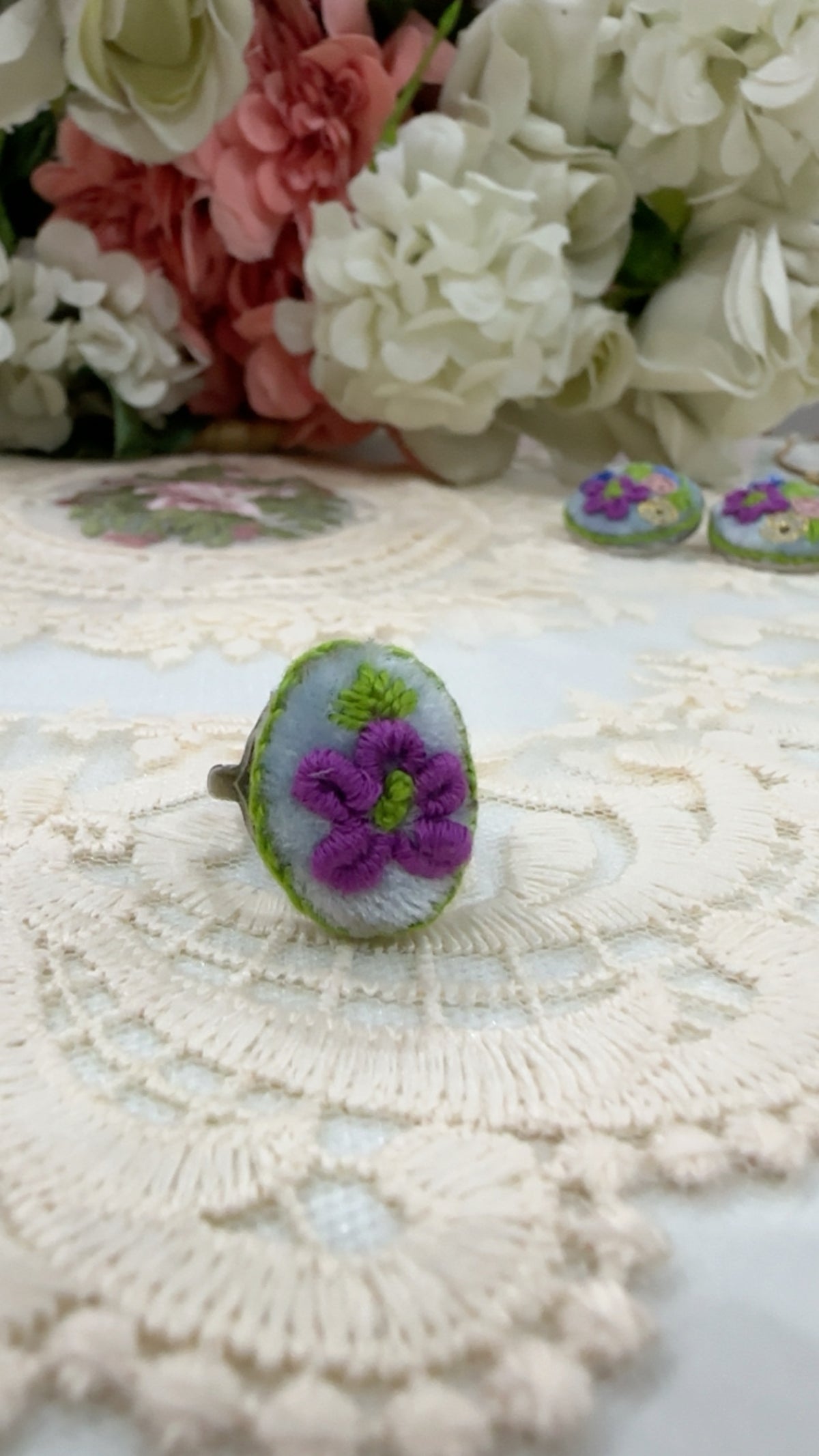 Azure Blossom Hand-Embroidered Floral Statement Ring