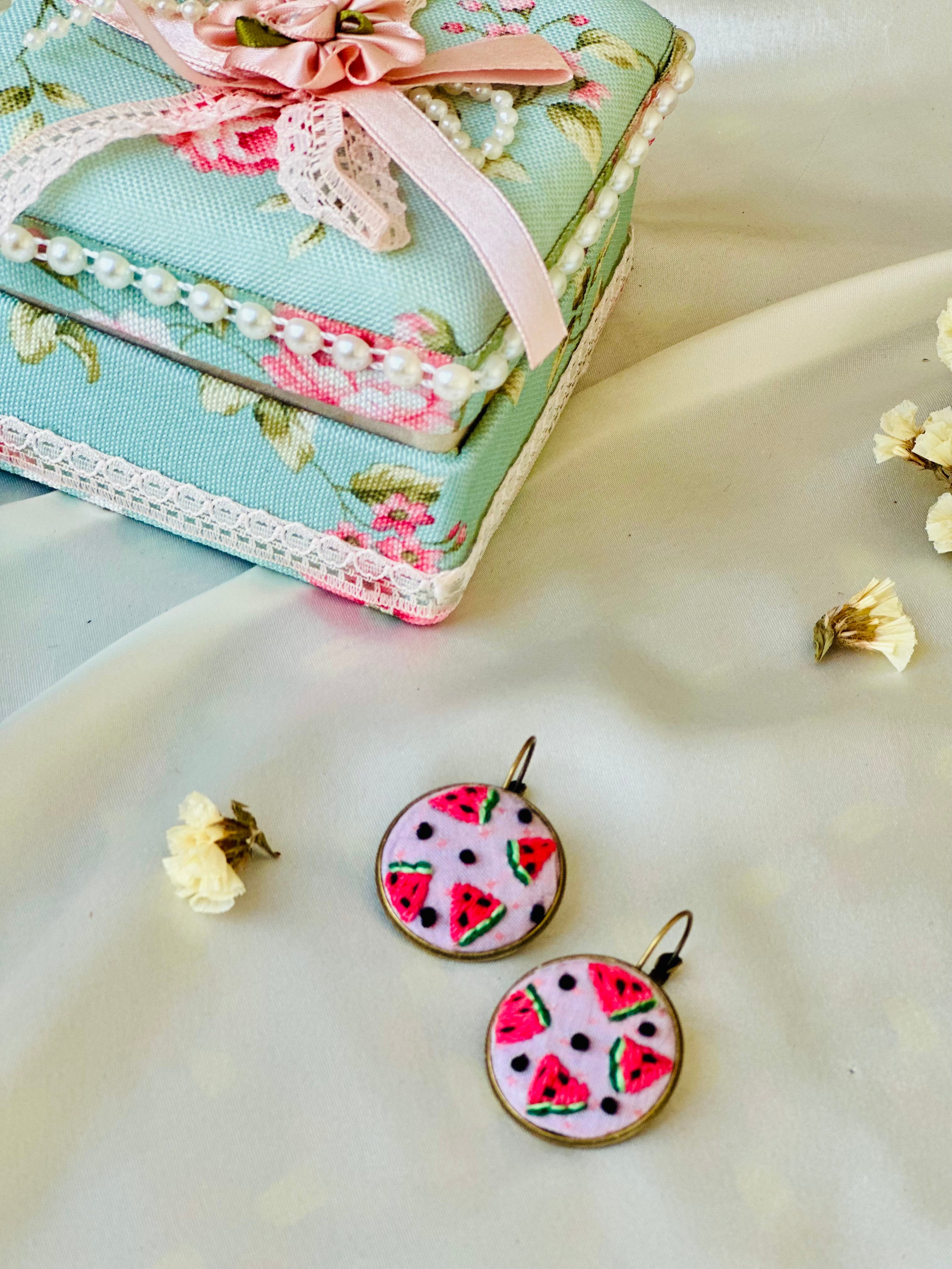 Summer Watermelon Hand-Embroidered Drop Earrings