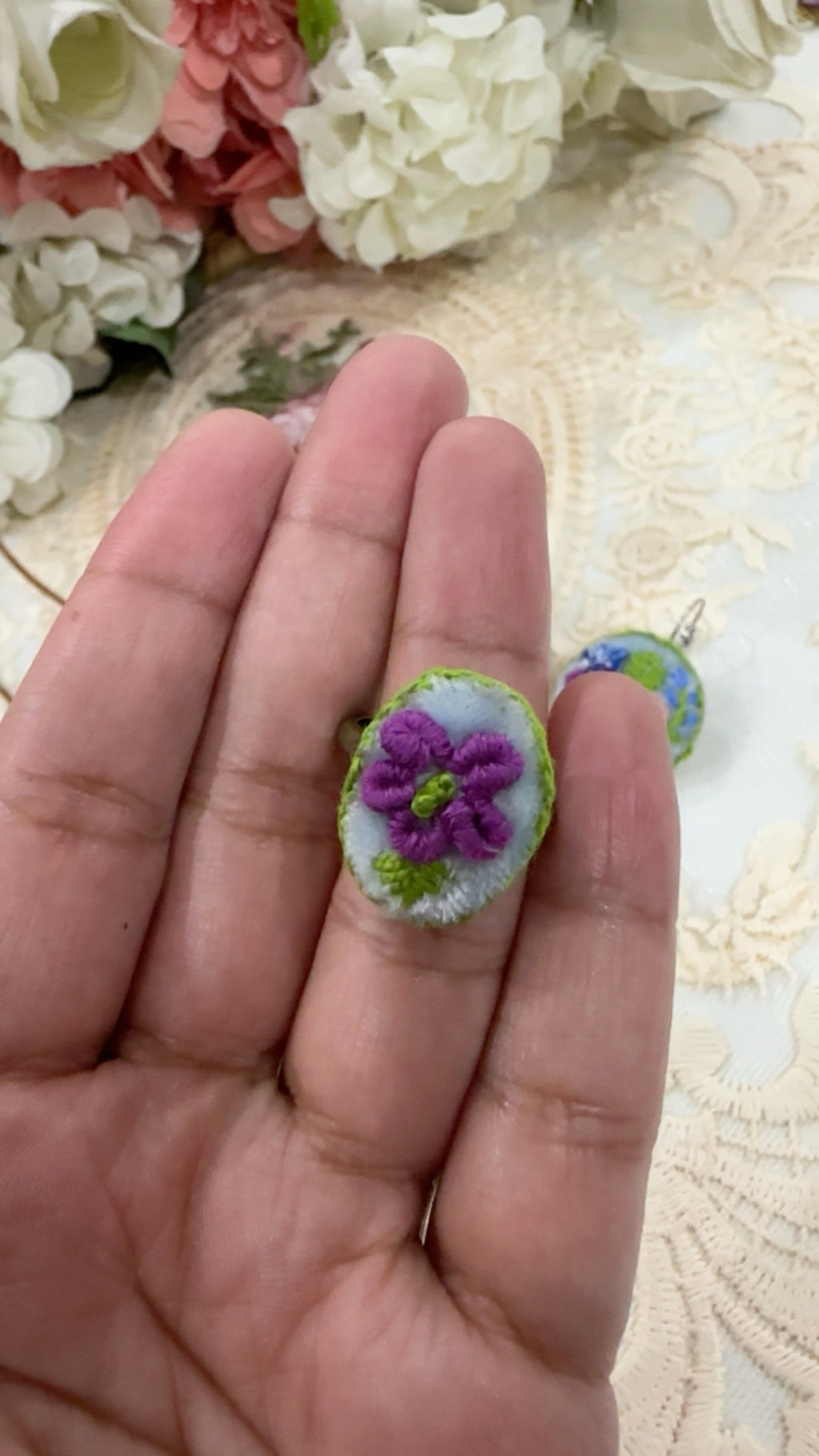 Azure Blossom Hand-Embroidered Floral Statement Ring