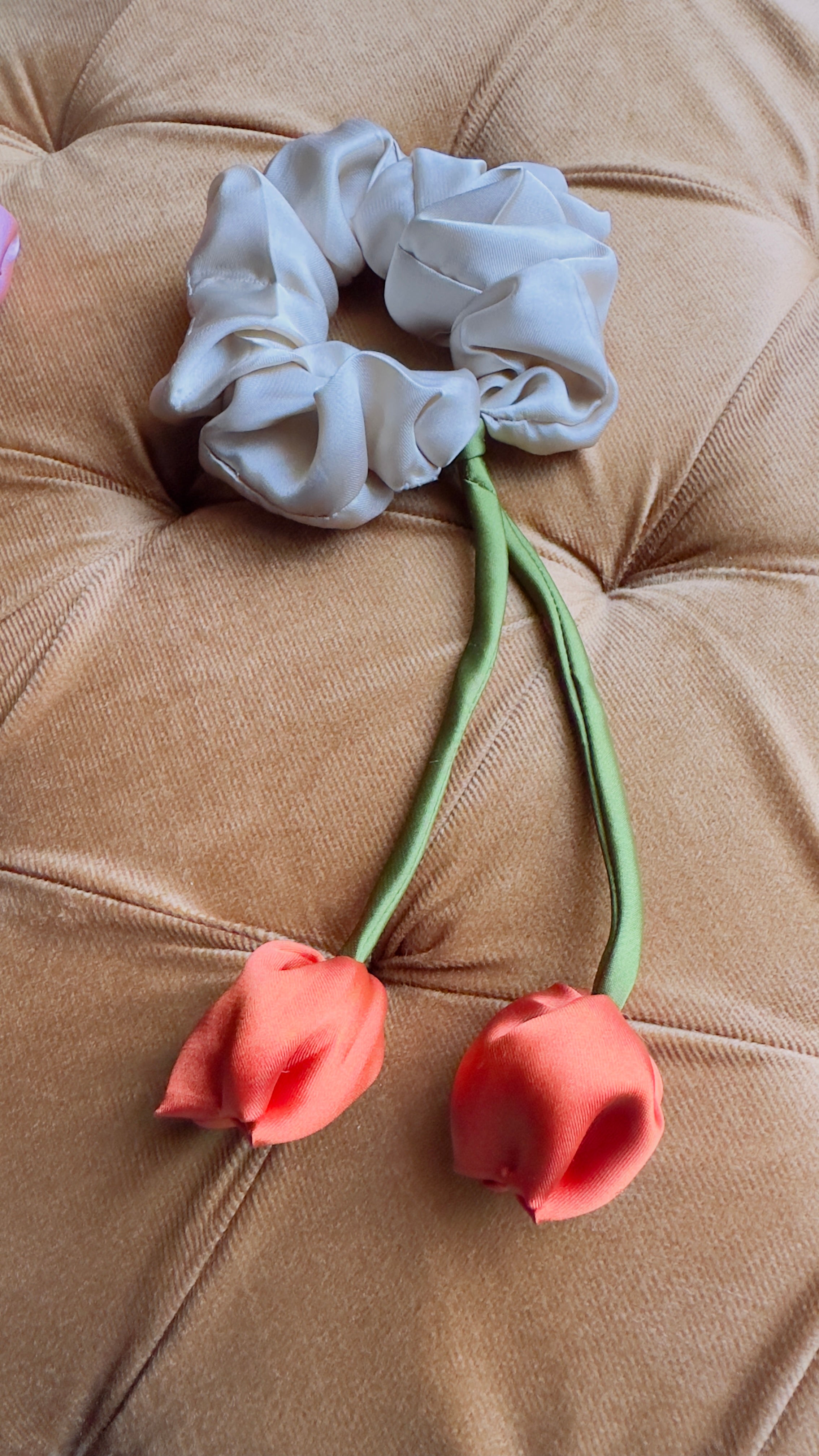 Champagne & Terracotta Tulip Scrunchie - Handmade Floral Tie
