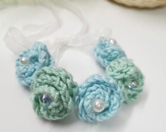 Ethereal Blue & Mint Rose Crochet Bracelet with Ribbon Closure