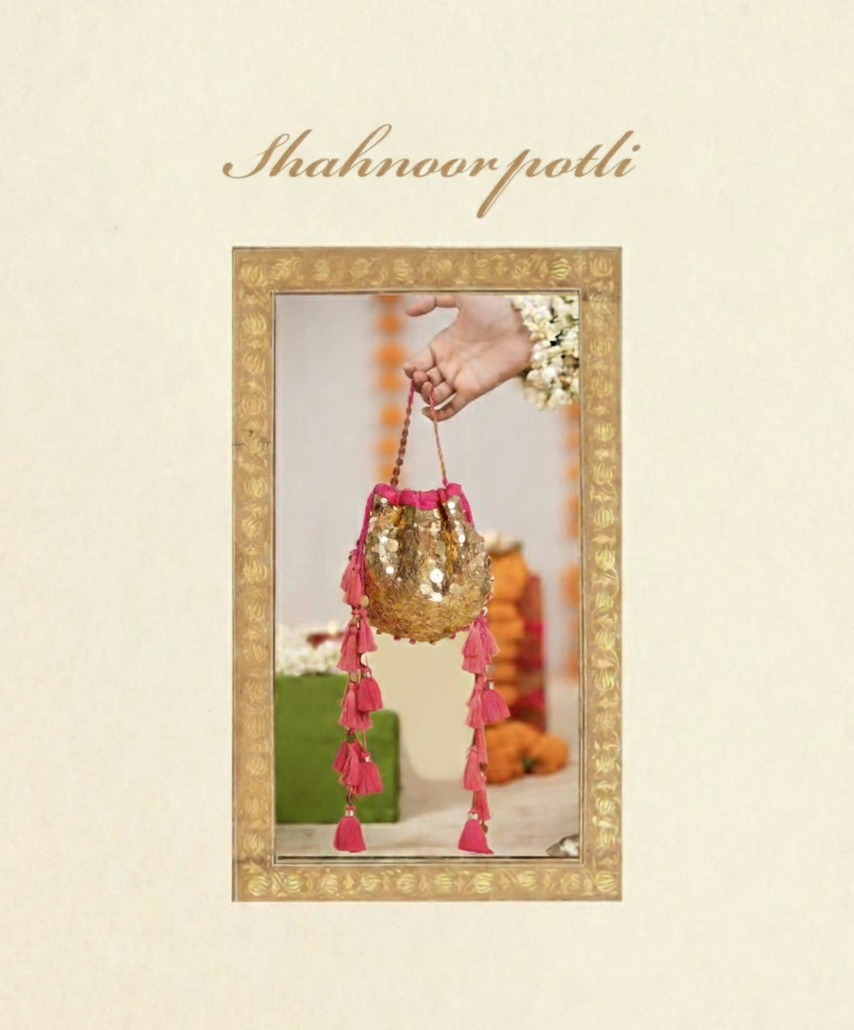 Shahnoor: Hand-Embellished Pink & Gold Potli Bag