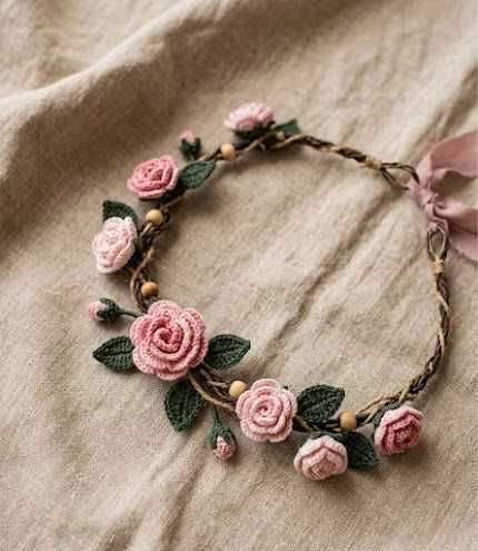 Dusty Rose Floral Vine Crochet Crown & Headband