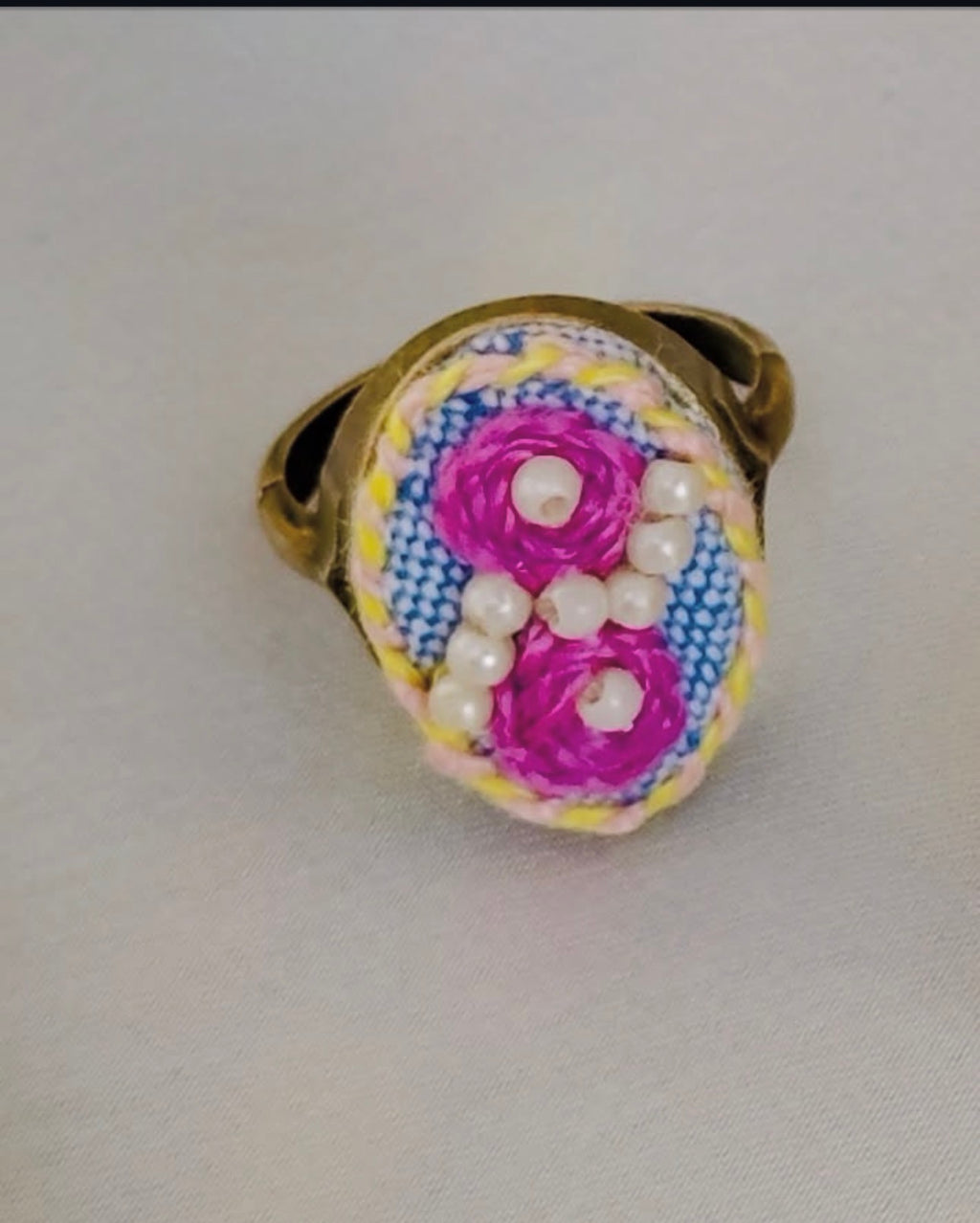 Hand-Embroidered Pink Rose & Pearl Vintage Statement Ring