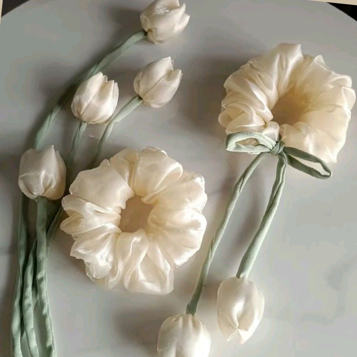 White Satin Tulip Scrunchie - Elegant Floral Hair Accessory