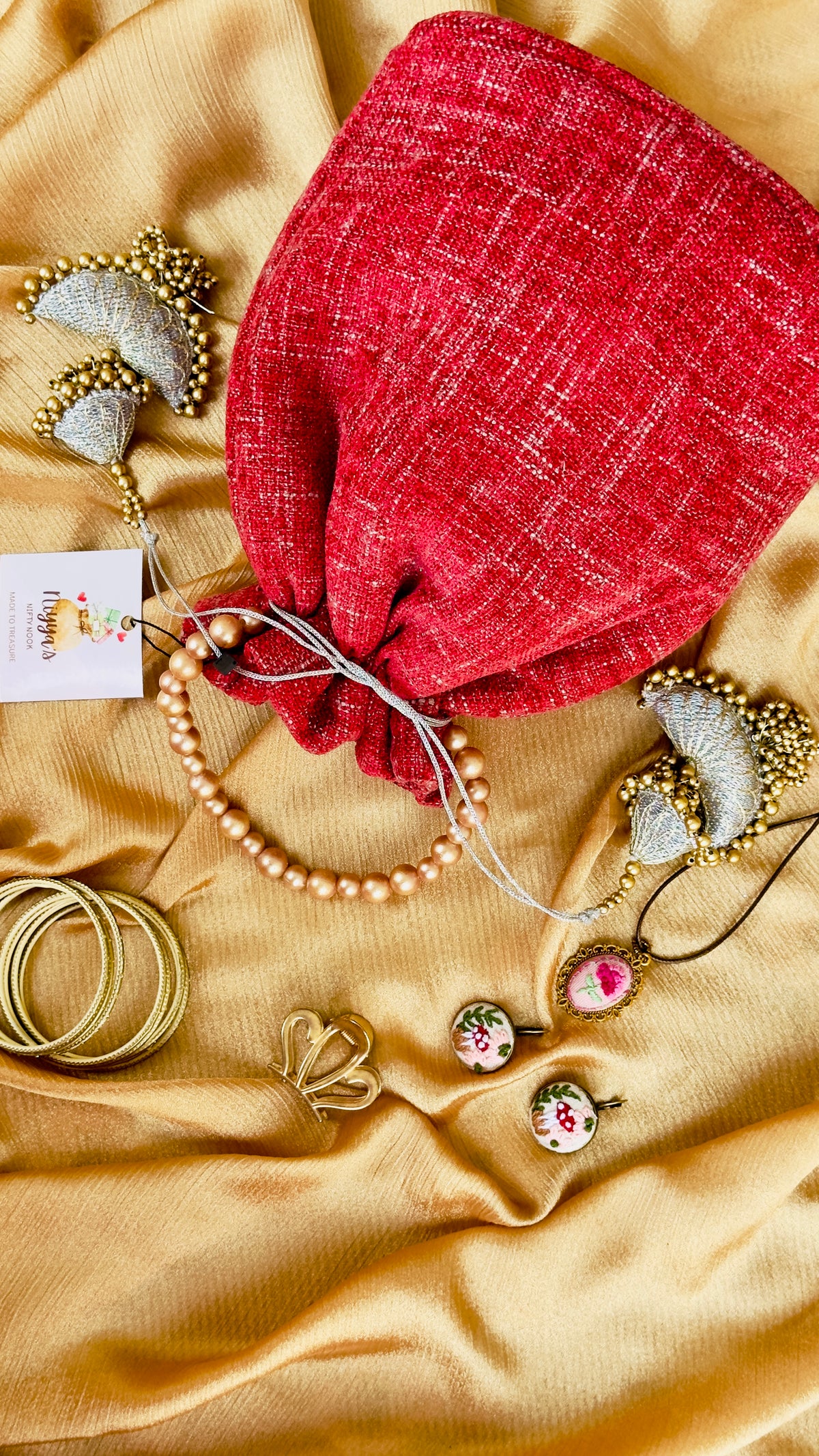 Gulaab: Red Imported Velvet Potli Bag with Pearl Handle