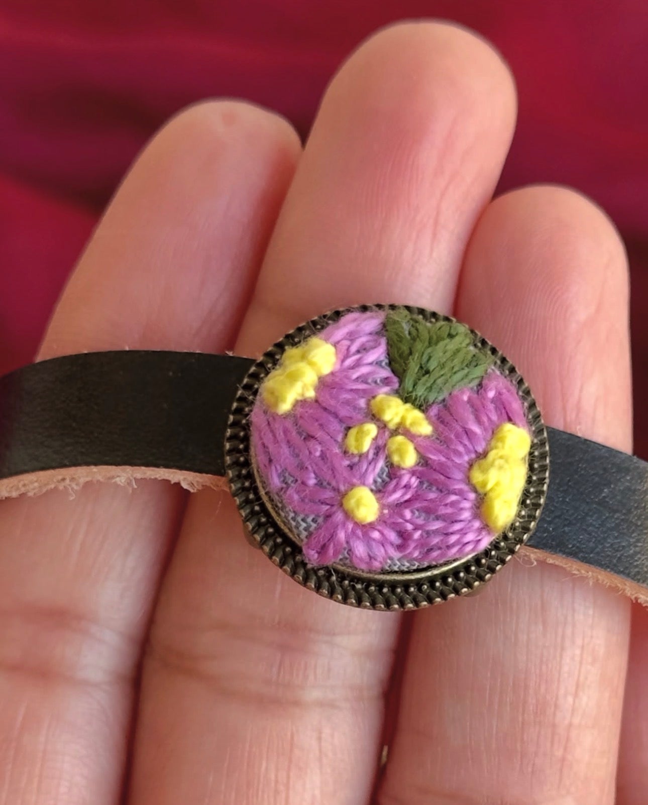 Handmade Floral Embroidery Leather Bracelet - Purple Bloom