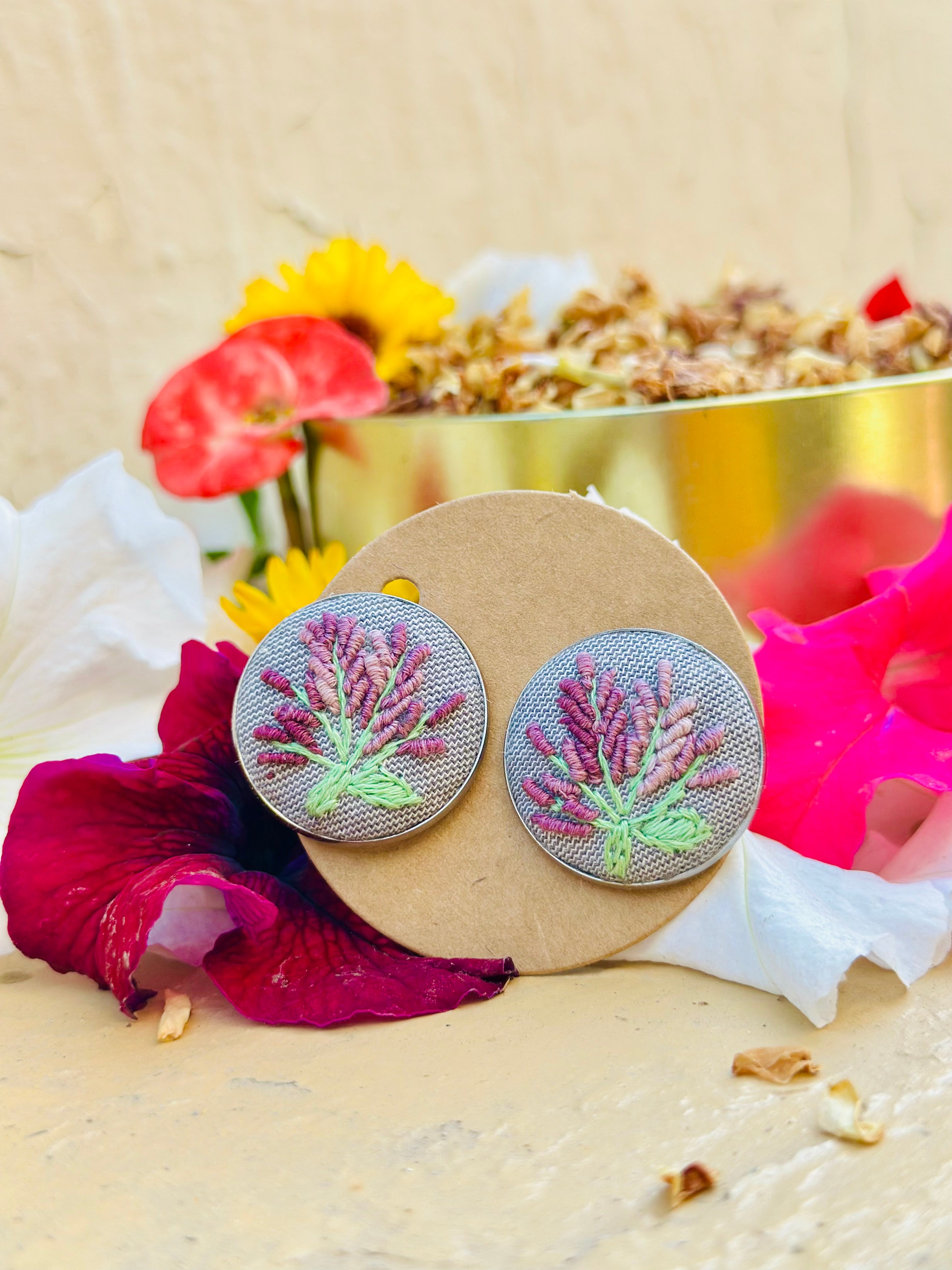 Lavender Bloom Hand-Embroidered Floral Stud Earrings - Baagh