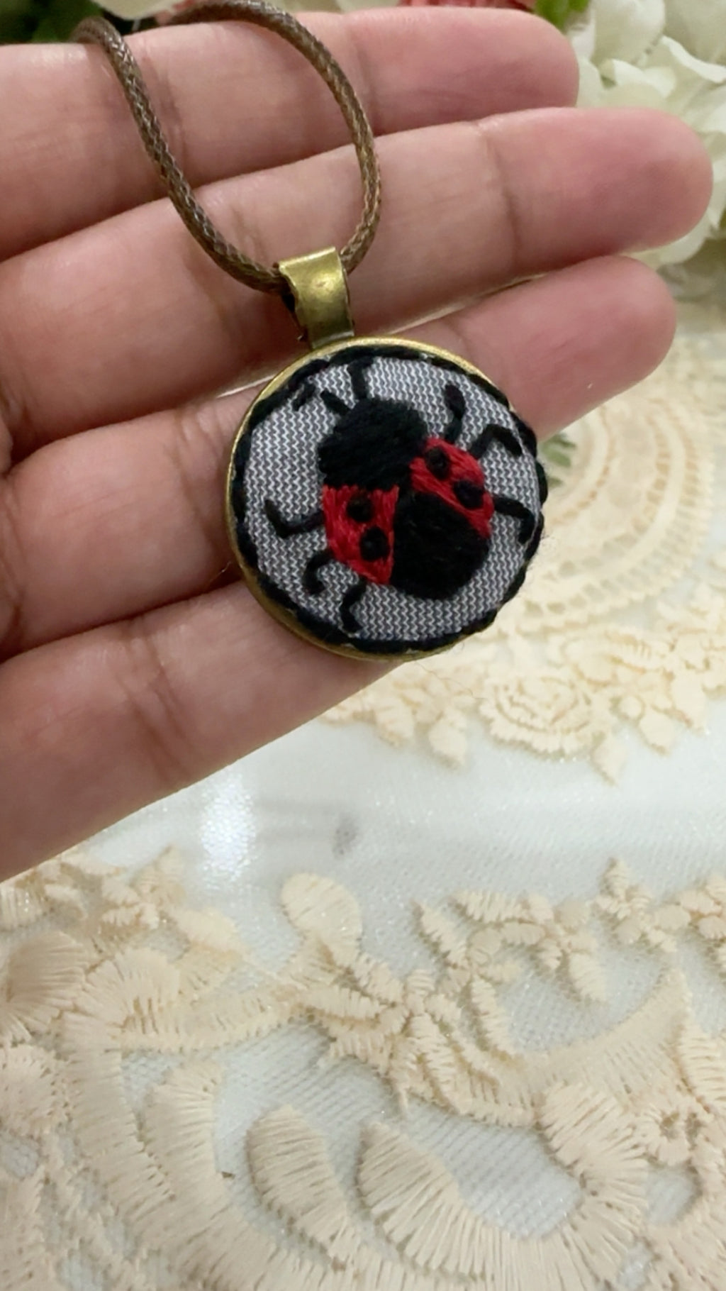 Lucky Ladybug Hand-Embroidered Kid-Friendly Pendant Necklace